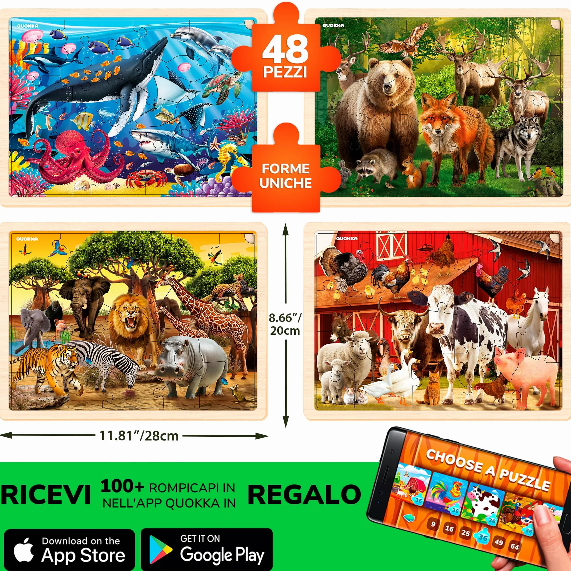 QUOKKA Puzzle Legno Bambini 3 4 5 Anni – 4x48 Pezzi Puzzle Animali Montessori – Gioco Educativo in Legno con Animali Realistici – Regalo per Bambini e Bambine 6 7 8 Anni