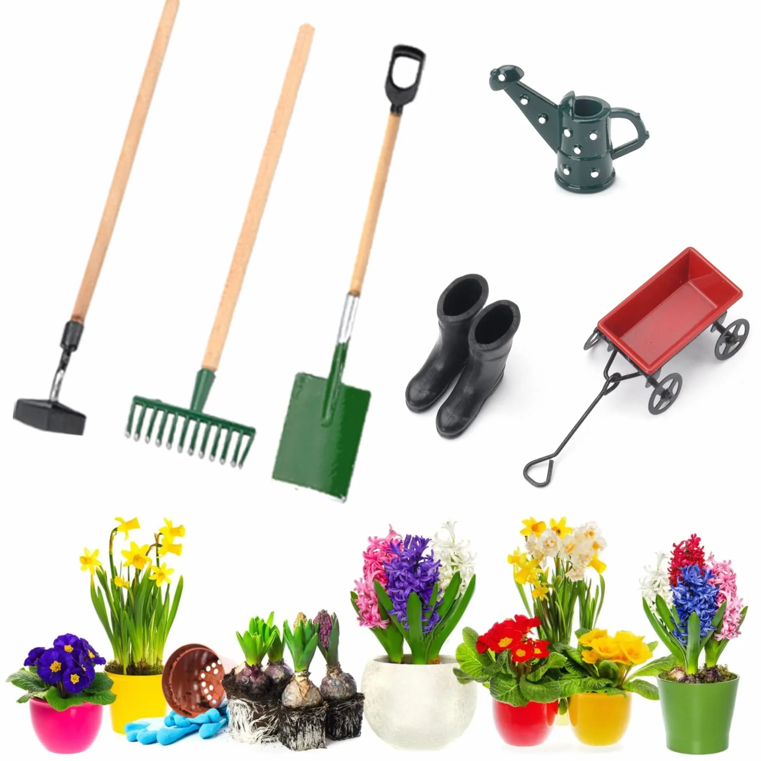 Set di 8 mini casa delle bambole in miniatura, attrezzi da giardino, stivali di gomma, annaffiatoio, vanga, pestello, rastrello, carrello, bollitore, forbici, brividi, mini ornamento da giardino