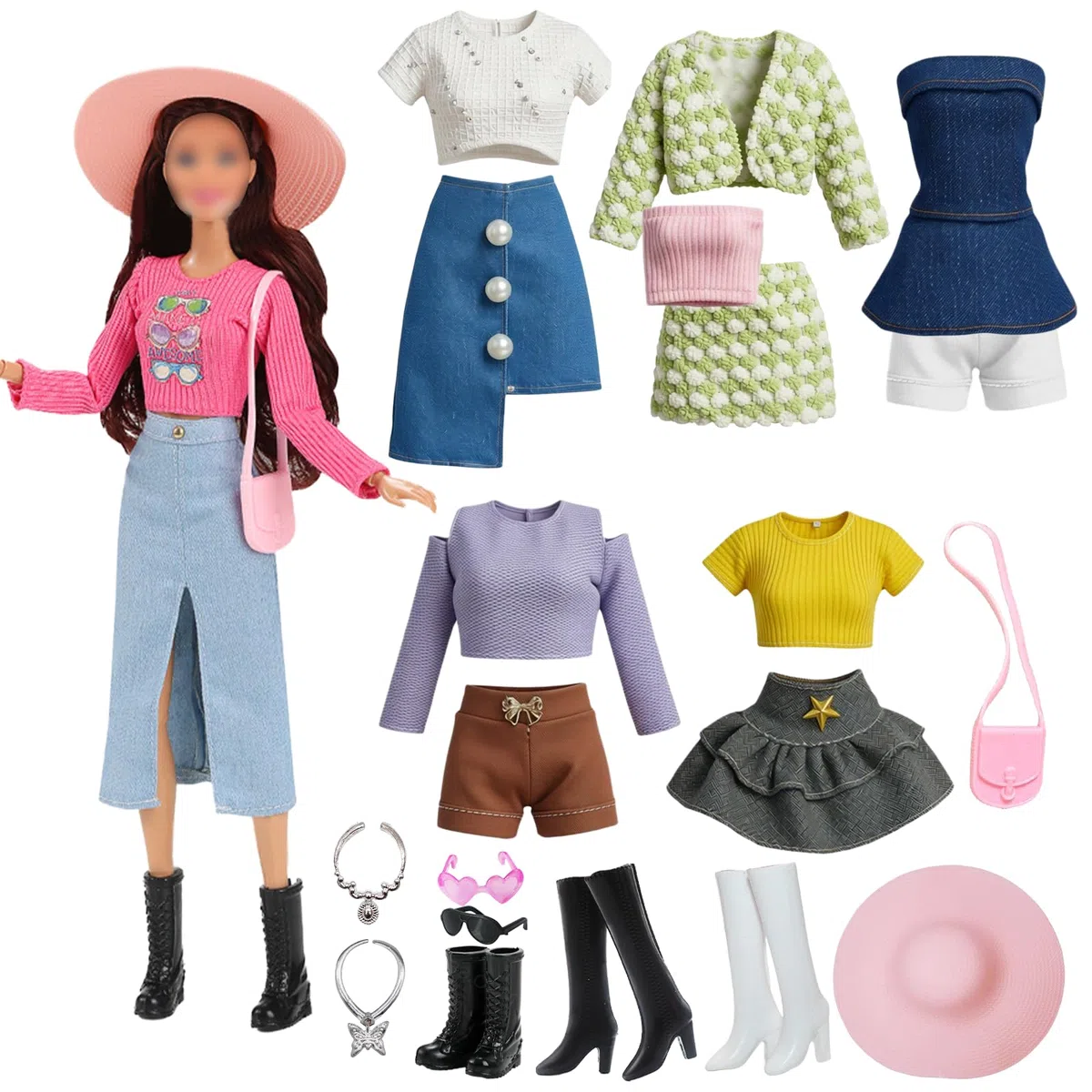 15 capi di abbigliamento e accessori compatibili con Barbie per bambole da 29,2 cm, 3 set di nuovi trend di moda primaverili, 3 set di outfit estivi per tutti i giorni, 2 collane, 3 paia di scarpe, 2