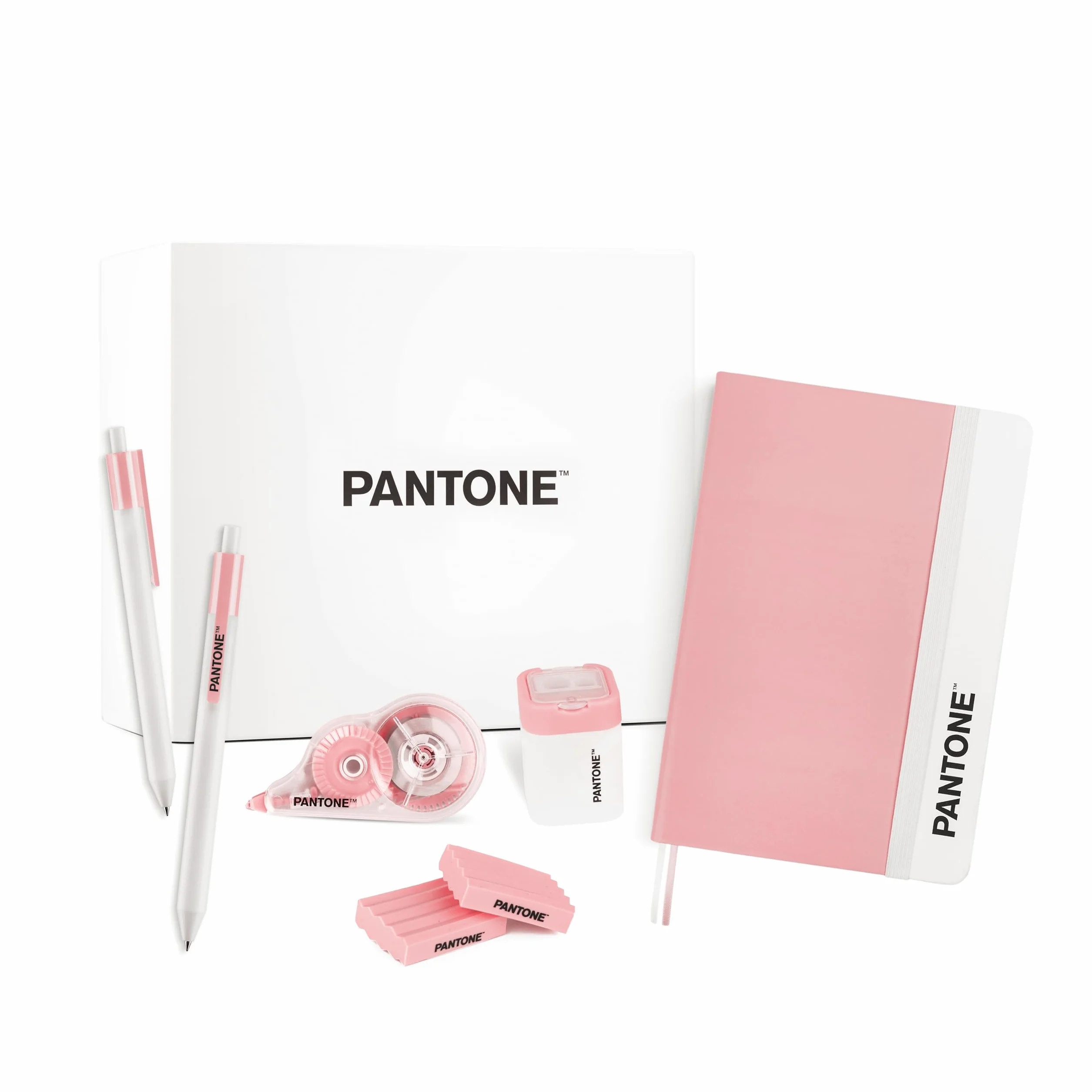 PANTONE Pastel Gift Box - Set Cancelleria con Temperino con Serbatoio, Taccuino Appunti, 2 Gomme da Cancellare, Bianchetto a Nastro 10mt e Penne Gel Nere 0.7 mm, Prodotti Cartoleria per Idee Regalo