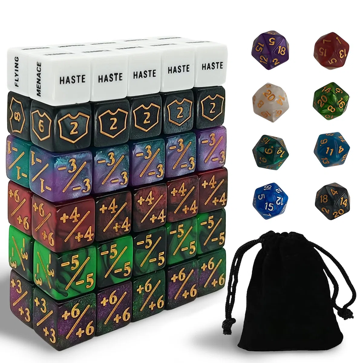 Set di 68 dadi per TCG, RPG e giochi di società con sacchetto in velluto, compatibile con Magic The Gathering e Dungeons & Dragons con 10 dadi di parole chiave, 10 dadi numerici, 40 dadi di conteggio