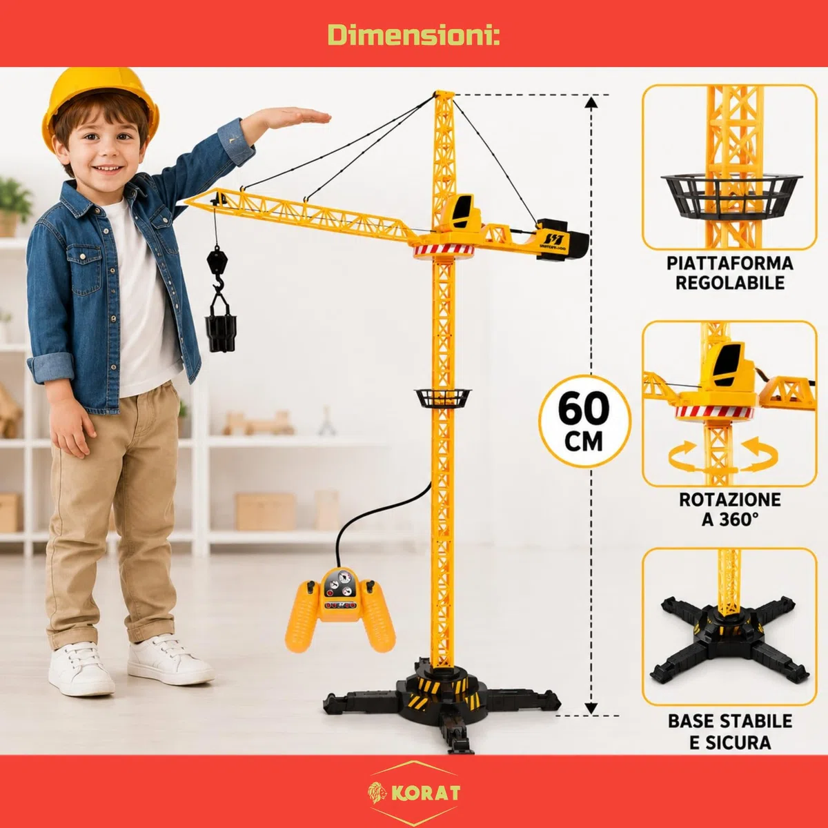 KORAT Gru Giocattolo Filoguidata 60 cm per Bambini, Rotazione 360°, Telecomando a Filo, Gancio Mobile e Accessori Inclusi Gioco Educativo per Coordinazione e Fantasia 3+ Anni