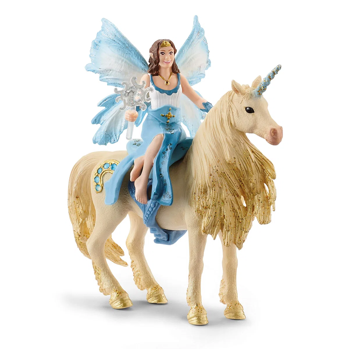 SCHLEICH BAYALA | Eyelas Cavaliere su Unicorno d'oro 42508 | con Sella e scettro | Figure fedeli ai Dettagli, Ottimo Regalo per Ragazze e Ragazzi | Giocattolo a Partire dai 5 Anni | Set da 4 Pezzi