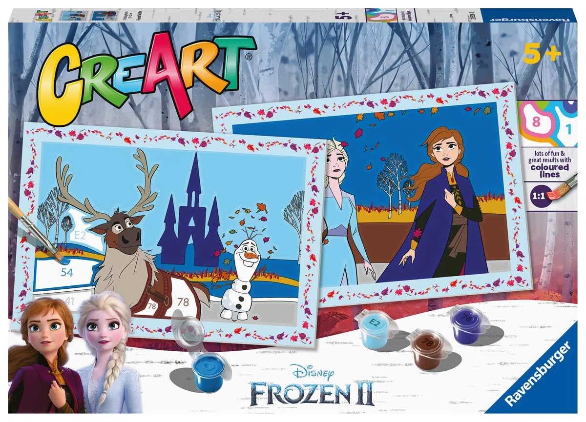 Ravensburger CreArt 5 Anni Junior: Frozen 2 – Dipingere con i Numeri per Bambini 5+ Anni, Kit Pittura con 2 Tavole, Pennello Ergonomico e Colori Inclusi, 32 x 22 cm, Idee Regalo per Bambini 5 Anni