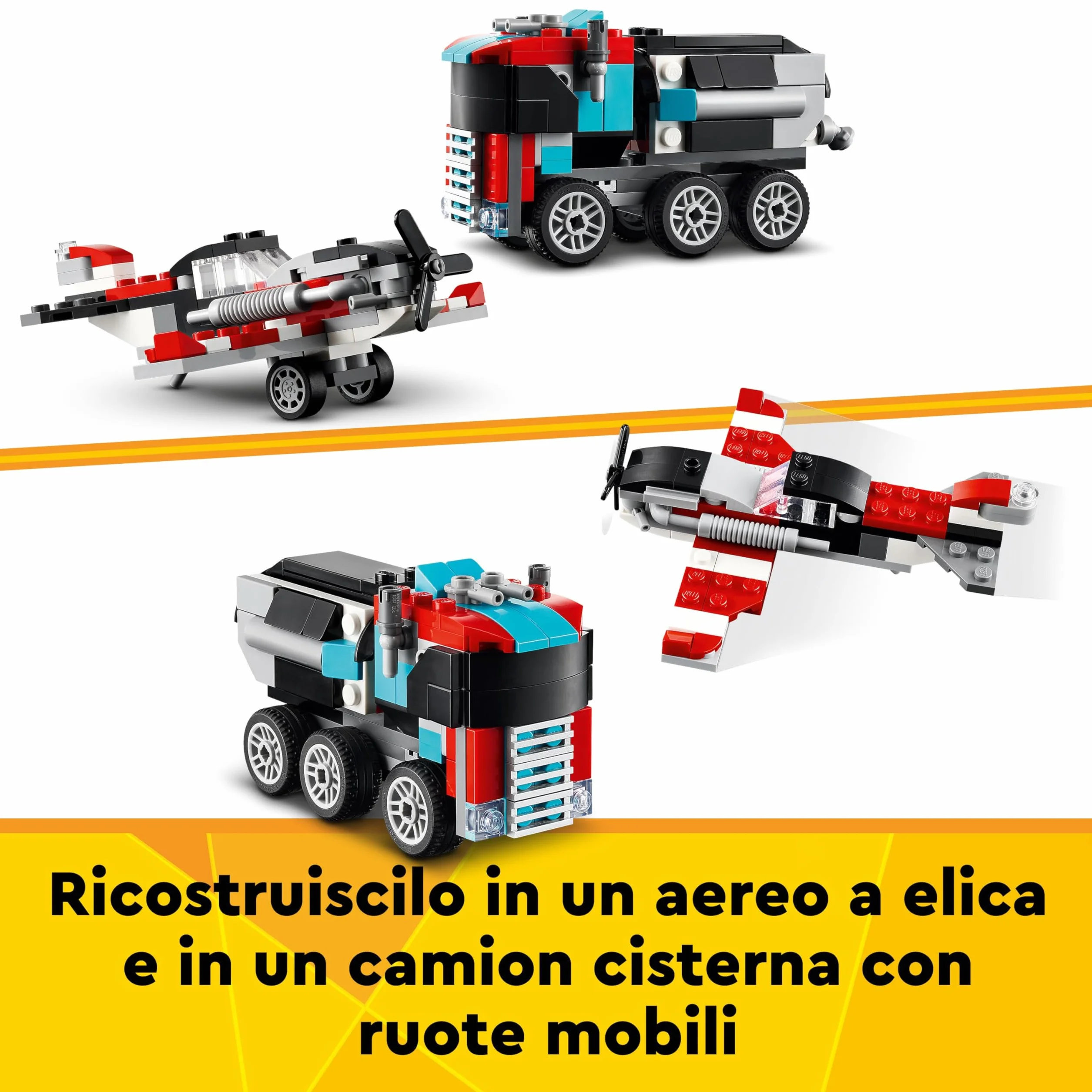 LEGO Creator 3 in 1 Autocarro con Elicottero, Giochi per Bambini e Bambine da 7 Anni, Camion Giocattolo Ricostruibile in Aereo e Cisterna o in Auto da Corsa e SUV, Idea Regalo di Compleanno 31146