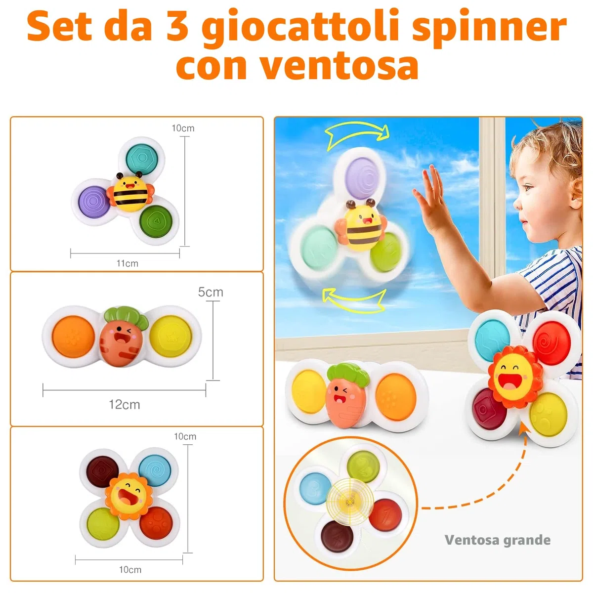 3 pezzi giocattolo a ventosa, giocattolo sensoriale bambino 1 anno ciotola da tavolo giocattolo trotola bambini giocattoli da bagno regali (Smiley)