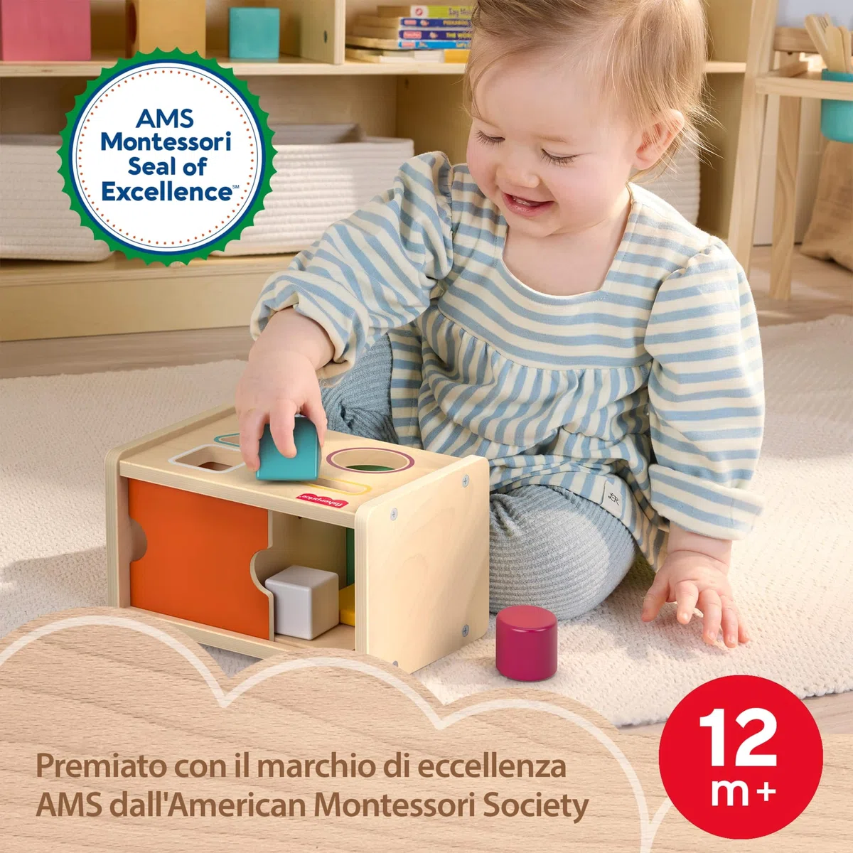 Fisher-Price - Scatola Cercaforme Montessoriana, Set in Legno per attività di coordinazione Occhio-Mano e apprendimento con 4 Forme Diverse Incluse, 12+ Mesi, JHC06