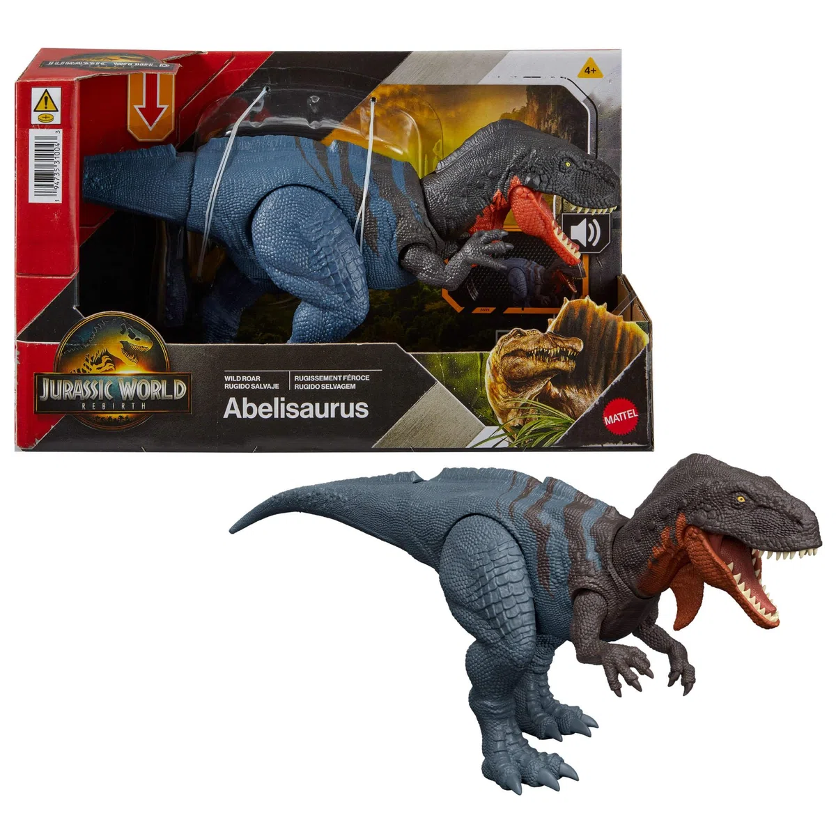 Mattel Jurassic World La Rinascita Abelisauro Ruggito Selvaggio, dinosauro giocattolo con morso multidirezionale azionato con la coda e suoni, snodato, gioco digitale, JGB91