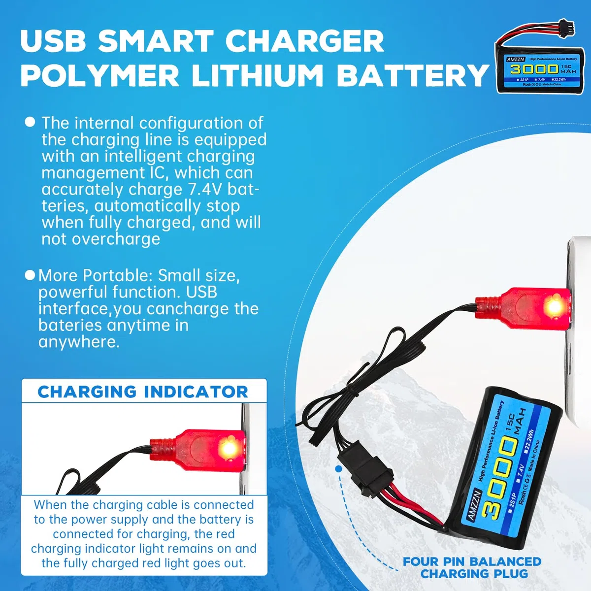 7.4V 3000mah 15C 2S SM-4P spina Li-ion batteria con caricabatterie USB per EC08 DE85 RC auto,Camion RC nave telecomando drone ingegneria veicolo batteria di riserva