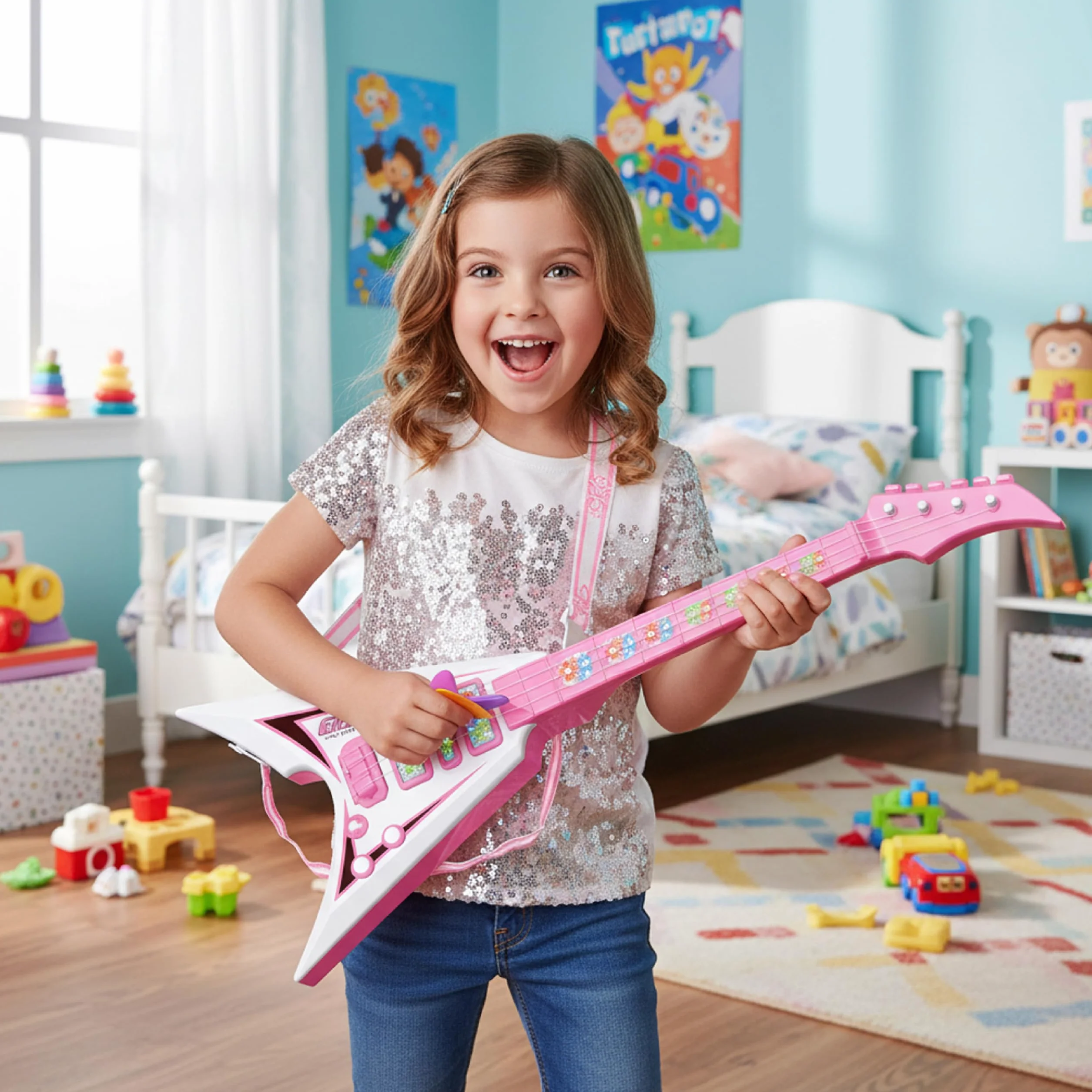 Baroni Toys Chitarra per Bambin e Bambini, 3+ Anni con Luci, Giocattolo Musicale con Effetti Sonori e Luminosi, Chitarra Elettrica Musicisti, Rosa, 22x5.5x55cm