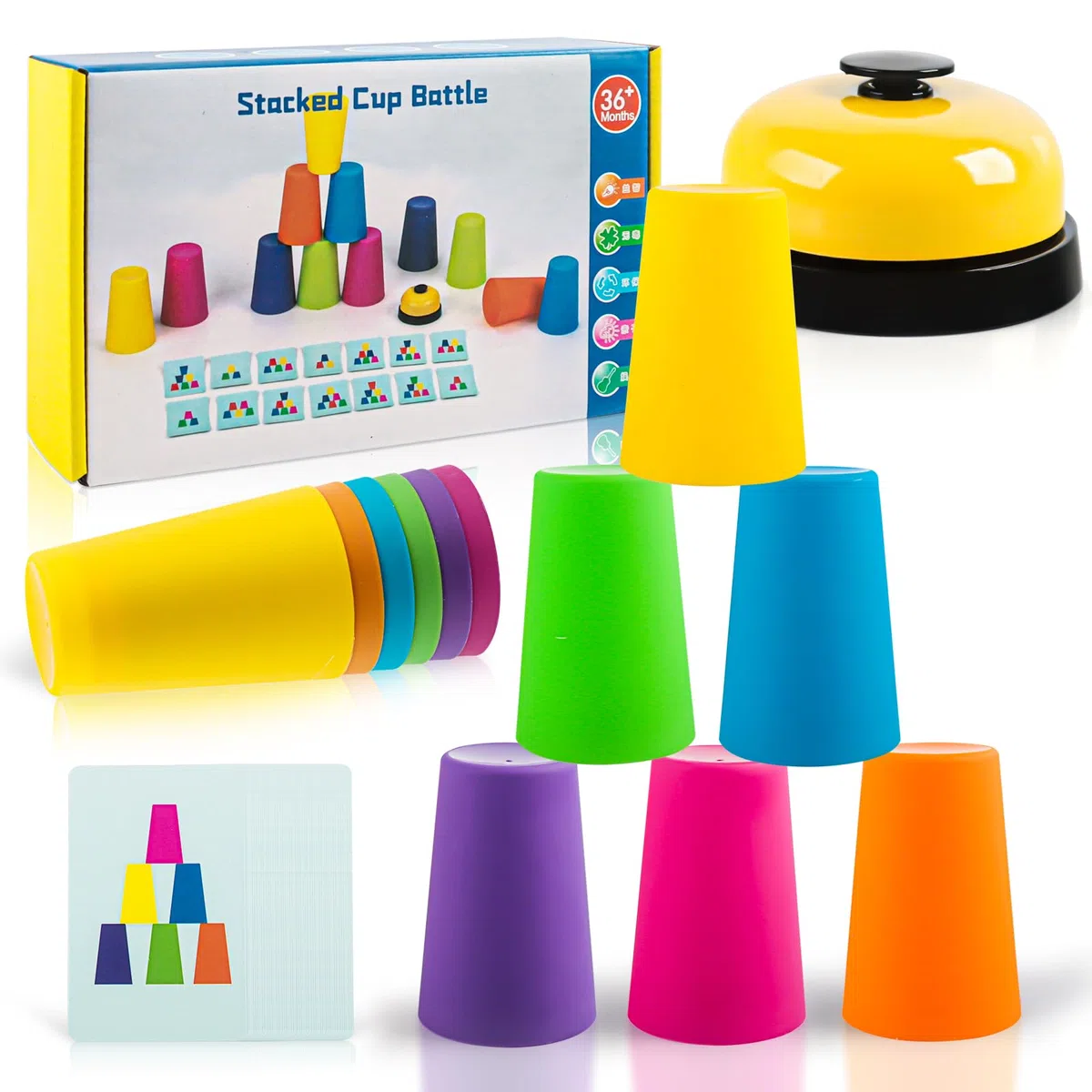 Set di 12 Tazze Sportive Velocità, 50 Carte e 1 Campanella: Gioco di Lancio per Bambini e Adulti, Impilabili, Tazze di Allenamento, Giocattolo per Feste