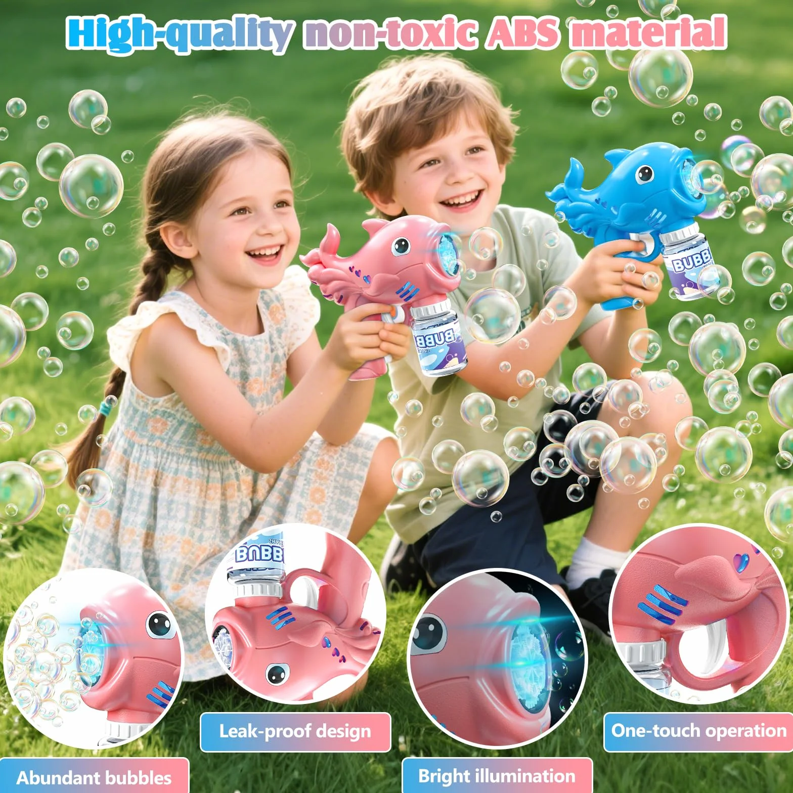2 Pieces Pistola a Bolle per Bambini, Sparabolle di Sapone LED con 2 × 70ML Flaconi di Liquido per Bolle, Macchina Automatica per Bolle per Attività All'aperto, Feste e Matrimoni (Rosa e Blu)
