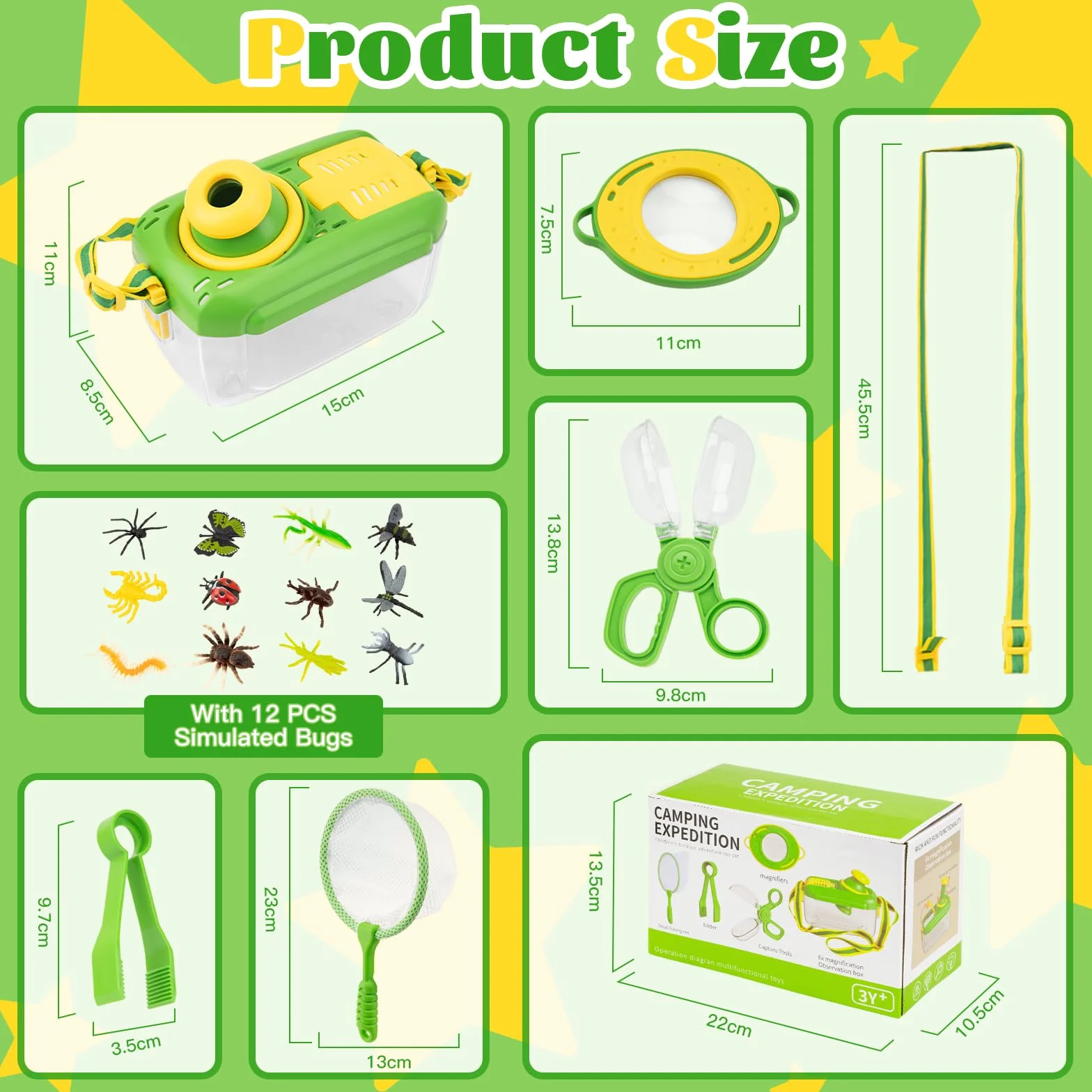 Set di Giocattoli da Esploratore Esterno, 5 Pezzi Set di Caccia agli Insetti per Bambini, incl Casella degli Insetti, Lente di Ingrandimento, Reti per Farfalle, Pinzette, 12 Insetti Falsi