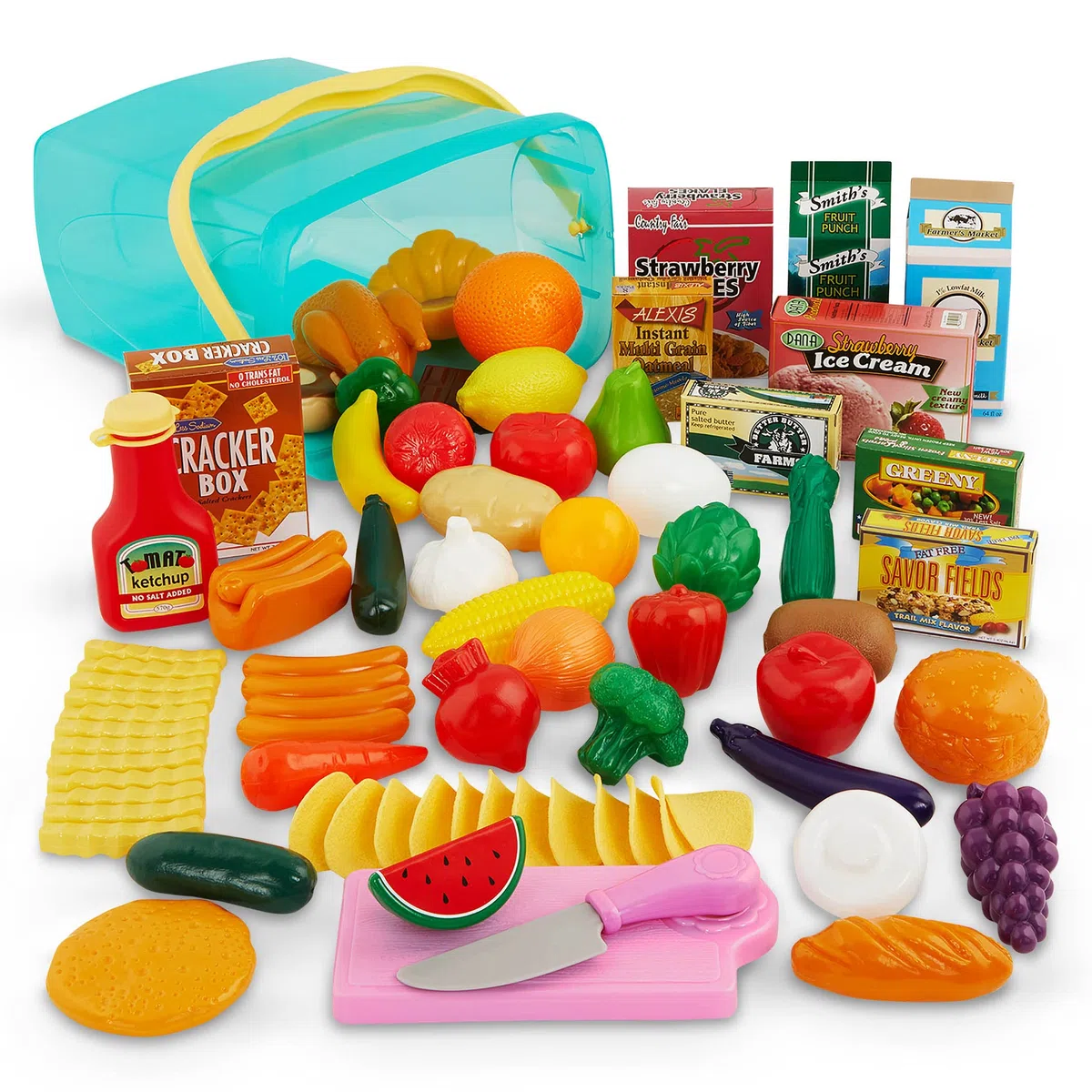 Battat - Dispensa in un secchio - Set di cibo da 79 pezzi - Giocattolo per alimenti e cucina - Negozio di alimentari giocattolo - Gioco di finzione per bambini - 3 anni +
