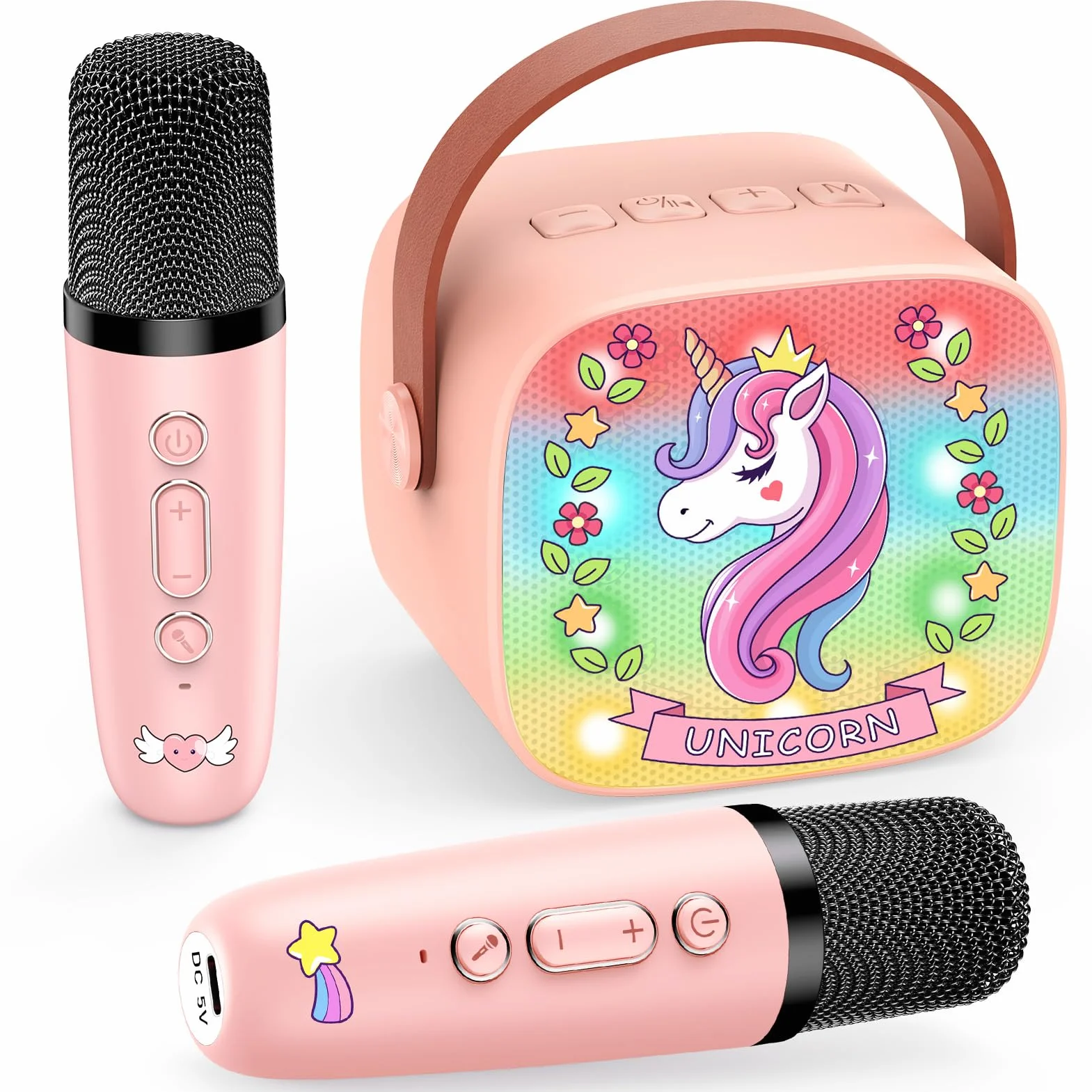 Karaoke per Bambini con 2 Microfono Wireless, Unicorno Regalo Bambina 3-12 Anni Portatile Bluetooth con DSP e Luci LED