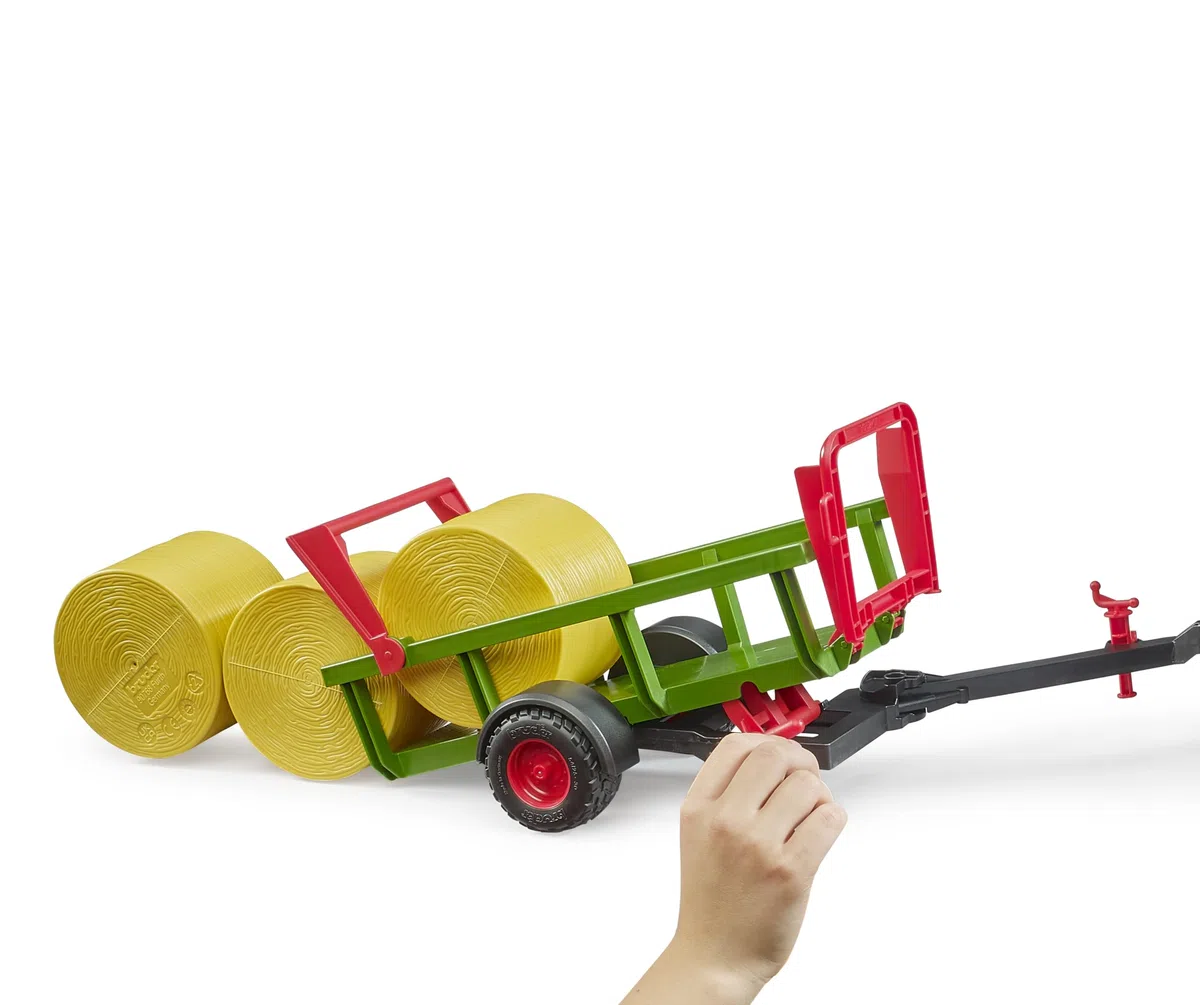 bruder 02204 - Raccoglitore di balle rotonde con 3 balle rotonde - Accessori per trattori, rimorchio per balle, fattoria, agricoltura, giocattoli