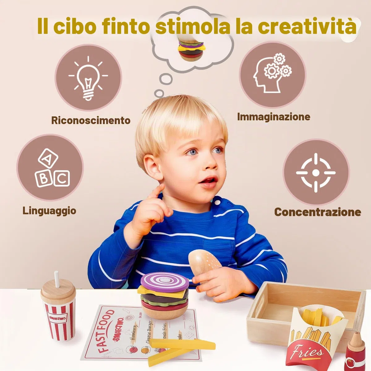 Cibo Giocattolo per Bambini, Set di Legno per Hamburger e Patatine Fritte, Fast Food Playset, Alimenti Finto, Accessori Cucinetta, Giochi in Cucina per 2 3 4 5 6 Anni, Regalo Bambino