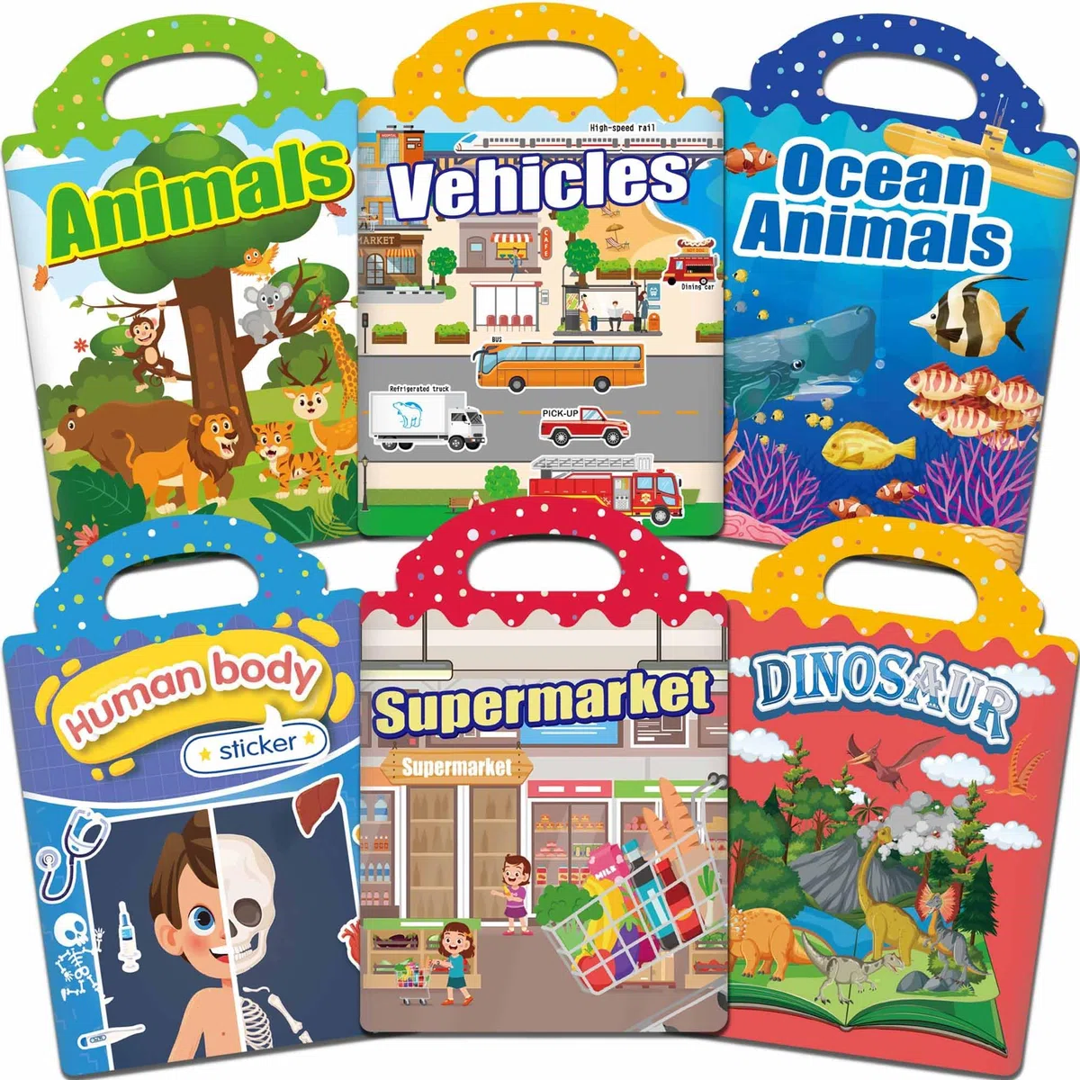6 Libri Adesivi Riutilizzabili Bambini 2 3 4 Anni, Libro Adesivi Attacca e Stacca con Animali, Dinosauri, Corpo Umano, Supermercato, Veicoli, Mare – Sticker Book Educativo per Viaggio, Regalo Bimbo