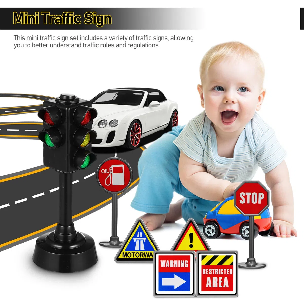 Set di Segnali Stradali Mini per Bambini Include 6 Mini Coni Stradali 12 Segnali Adesivi E 1 Semaforo Giocattoli Educativi per Insegnare Le Regole del Traffico