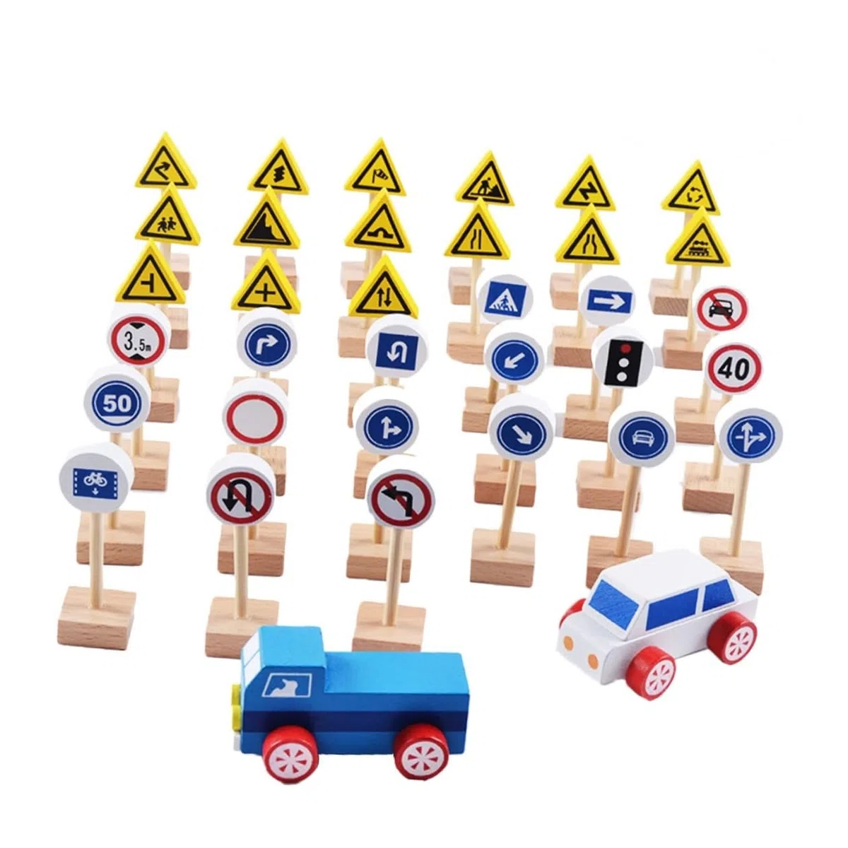 Abaodam 35 Pezzi Segnali Stradali in Legno Faggio Gioco Educativo per Bambini Playset Cartelli Stradali per Bambini per Apprendimento Traffico E Sviluppo Abilità