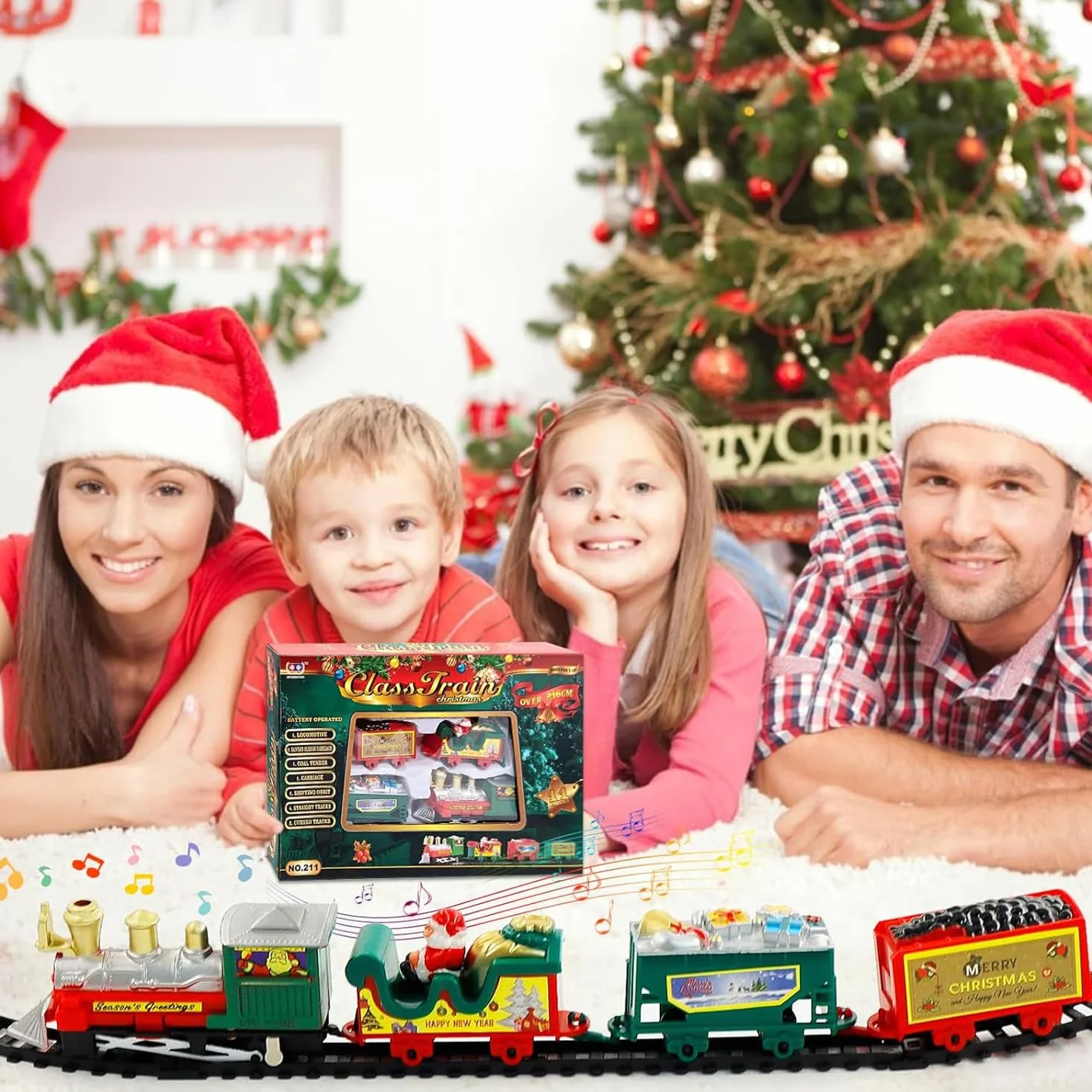 Trenino Natalizio Elettrico per Bambini, Treno con 4 Vagoni e Slitta Babbo Natale, Giocattolo Decorazione Albero di Natale, Pista Circolare 168 cm, Bambini