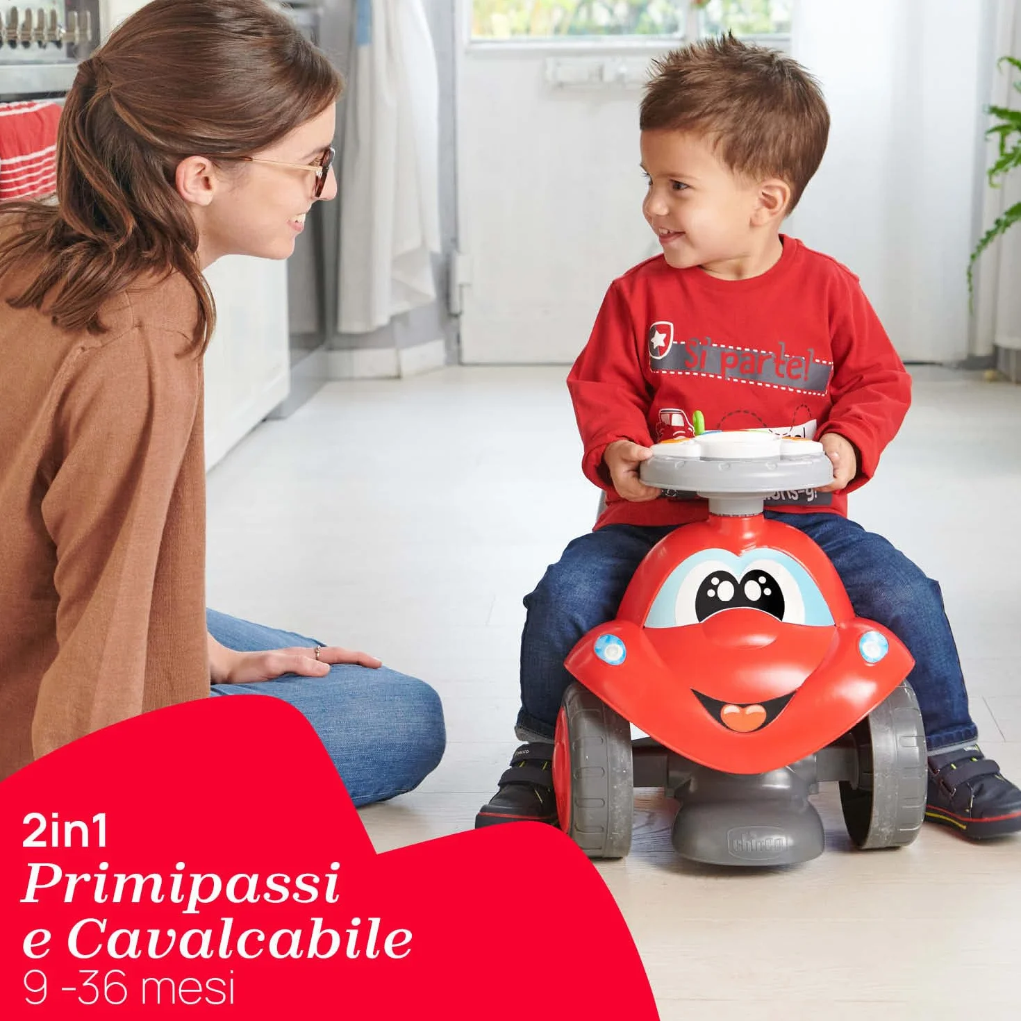 Chicco Billy Walk&Ride Eco+, Primi Passi, Girello e Cavalcabile, Assemblaggio Semplice, Manubrio Ergonomico, Ruote Larghe, Con Suoni e Luci di Guida, in Plastica Riciclata, Bambini 12-36 Mesi, Rosso