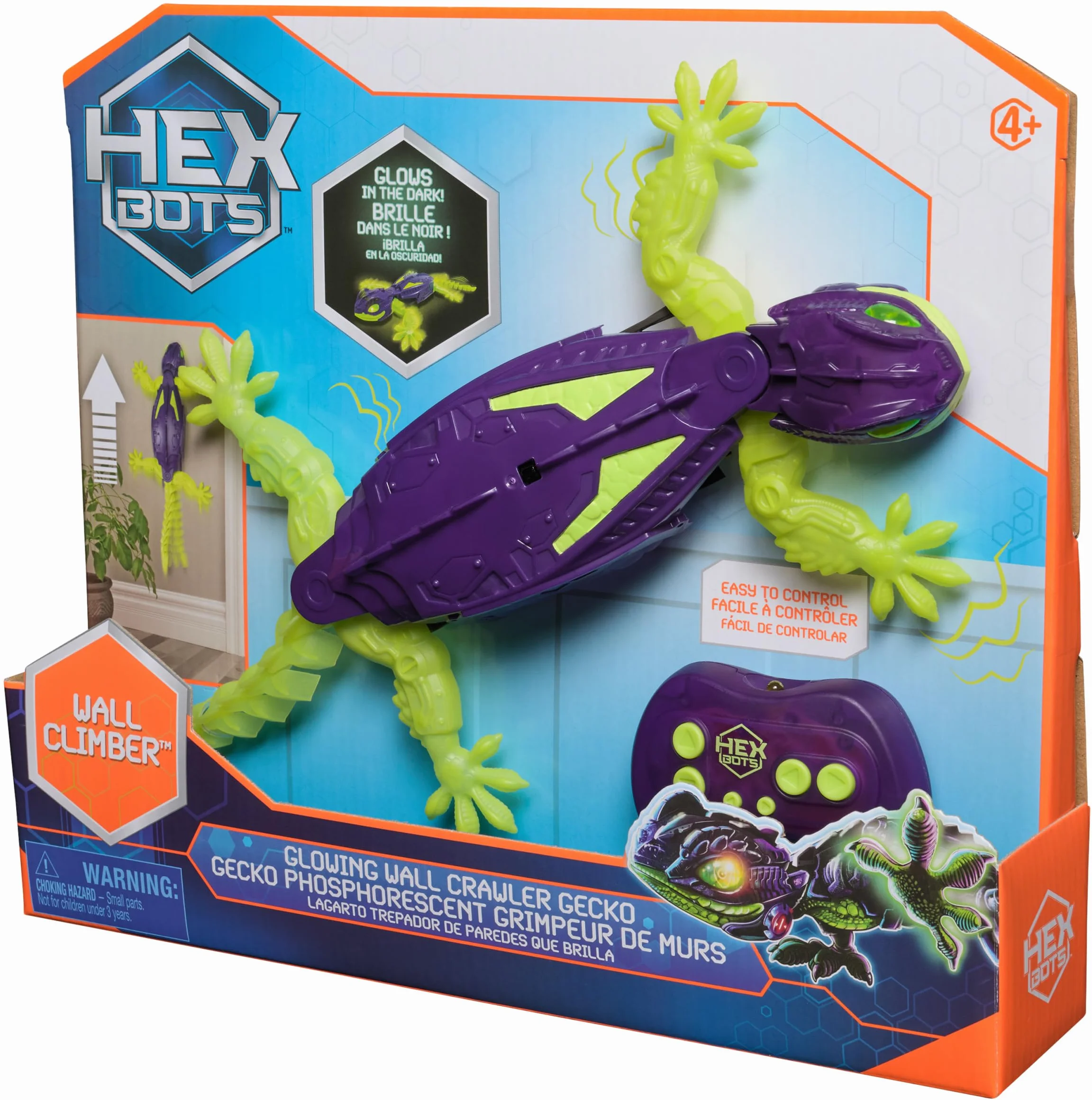 HEX BOTS Glow-in-The-Dark Gecko, Robot Radiocomandato Ricaricabile, Giocattolo Che Si Arrampica sulle Pareti, Fluorescente al Buio, 4+ Anni, Multicolore, 6075451