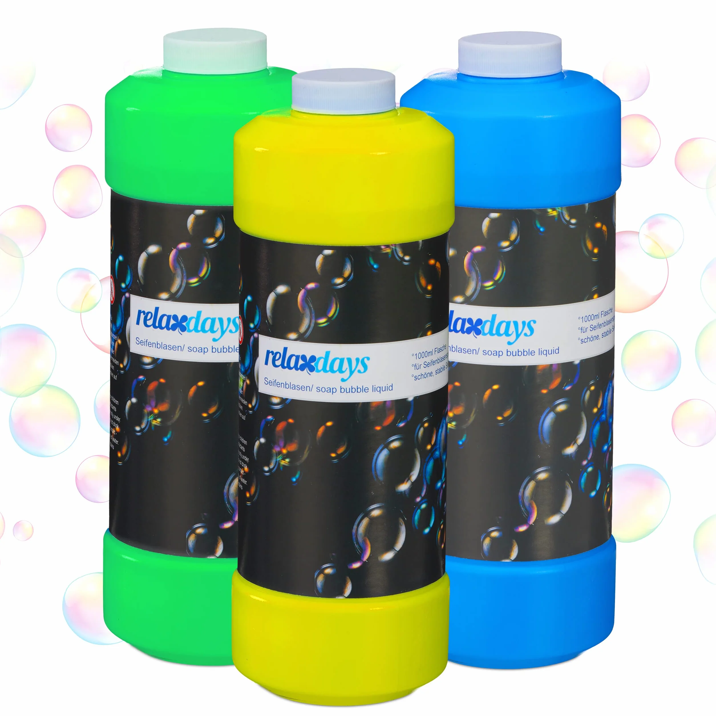 Relaxdays Rlaxdays Flaconcino per Liquido per Bolle di Sapone, Set da 3 Flaconi da 1 L, Riempire per Macchine Sparabolle, Colorato