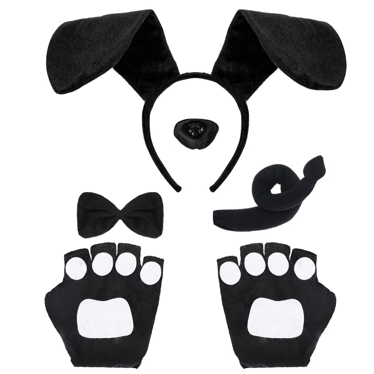 Costumi per Cagnolino per Adulti e Bambini, Fascia con Orecchie Cane Naso Finto Coda Guanti Papillon,Bassotto Costume Halloween Carnevale