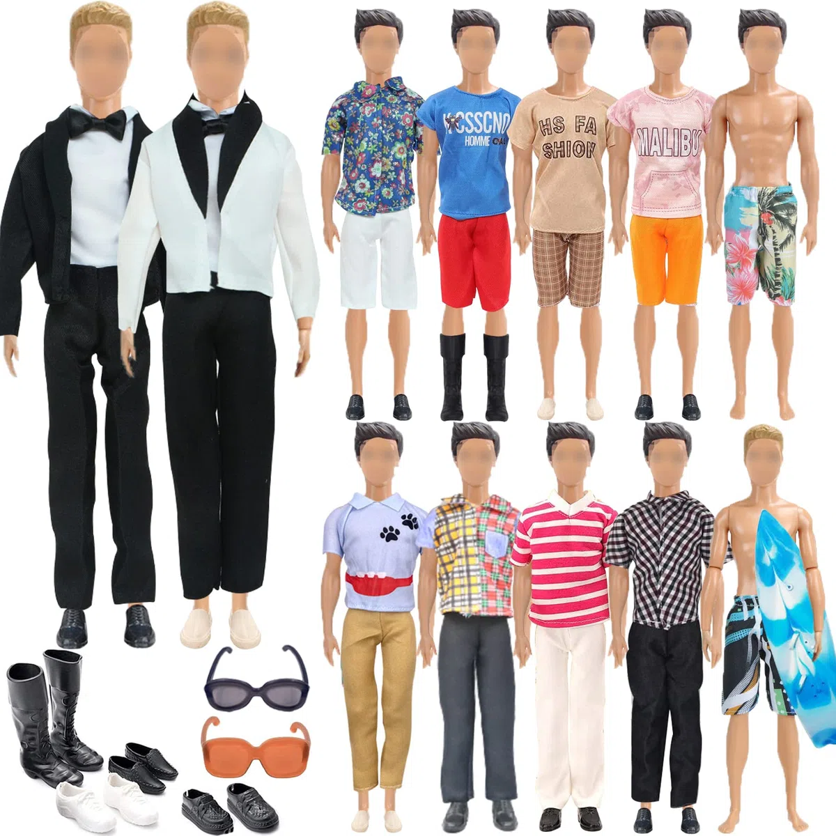 19 pezzi vestiti e accessori Compatibile con Ken,1 vestito 5 abbigliamento casual abbigliamento 5 pantaloni 2 costumi da bagno 4 paia scarpe 1 occhiali da sole 1 paddle board per bambole da 12
