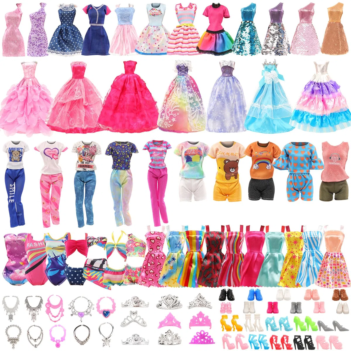 Miunana 47 Accessori per 11.5 Pollici 30 CM Bambola: 3 Vestiti Casuali + 2 Abiti + 2 Costumi da Bagno + 3 Vestiti da Sposa + 10 Moda Vestiti + 6 Corone + 6 Collane + 15 PCS Scarpe