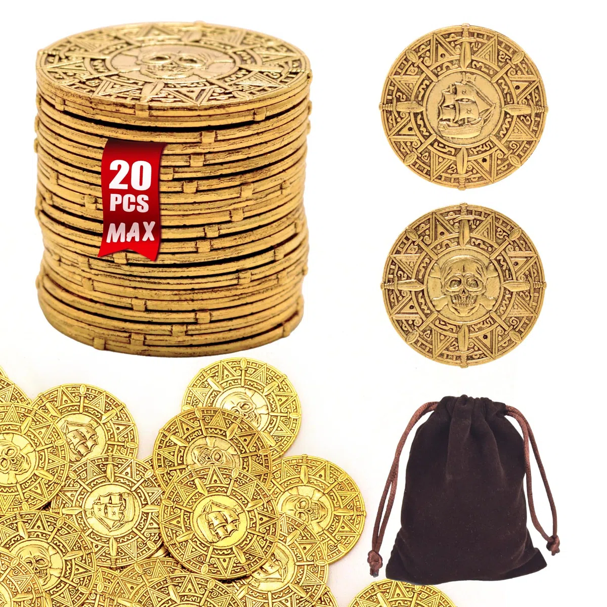 ZUCOS Accessori per monete da pirata, set di monete d'oro, in metallo, decorazione per giochi da tavolo DND, cosplay, realistico medievale, tesoro dei pirati (Pirate Gold 20 pezzi)