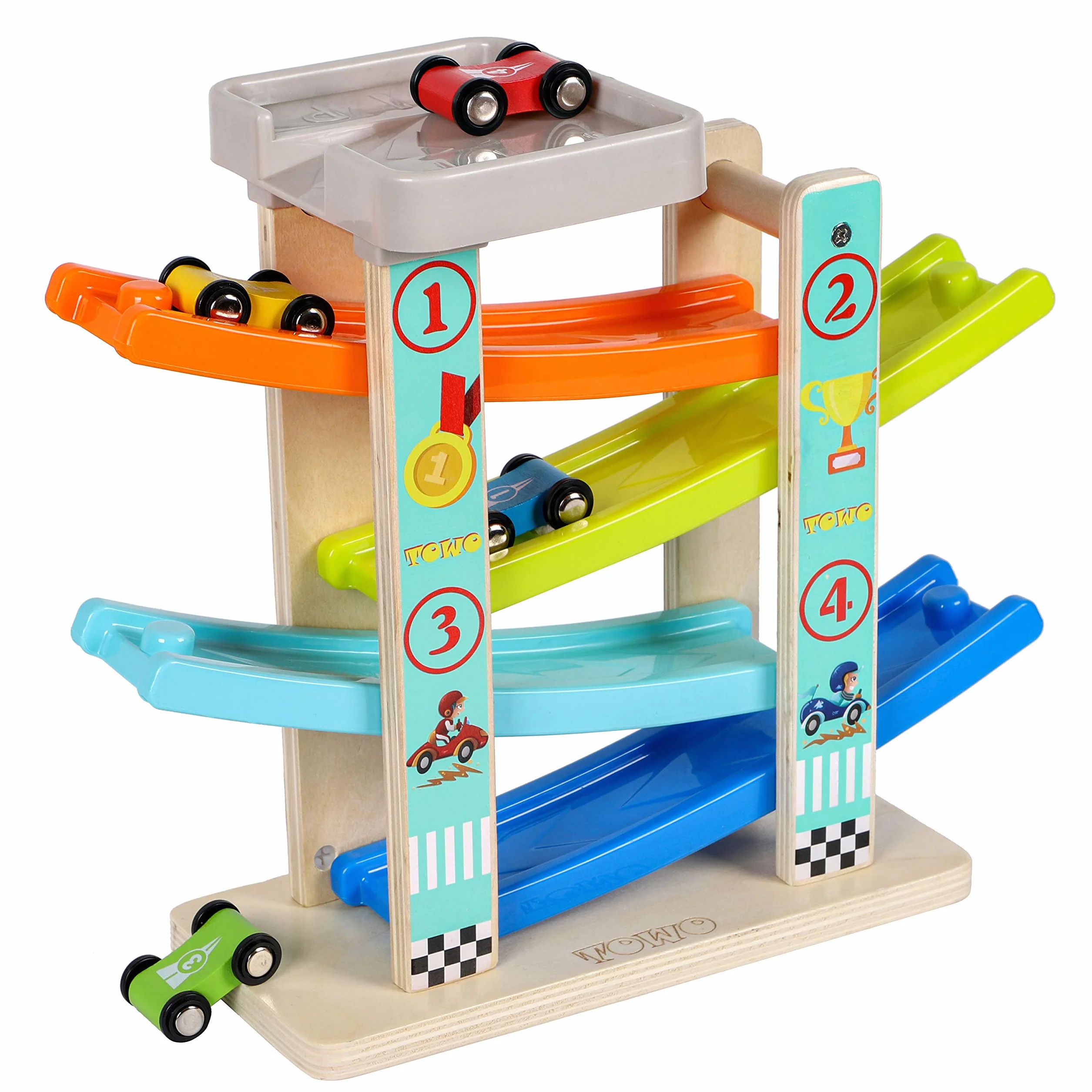 TOWO Pista per Auto in Legno -Rampa Auto Click-Clack con 4 Macchinine da Corsa in Legno per Bimbi Parcheggio sul Tetto e Piste a Zig-Zag - Giocattoli di Legno per Bambini di 1 2 3 4 Anni