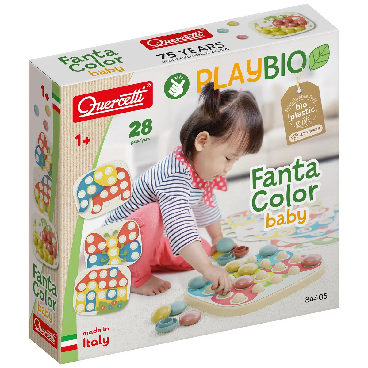 Quercetti FantaColor Baby, Gioco Educativo in Bio-Plastica con Bottoni Colorati per Bambini 1-4 Anni, Mosaico per motricità fine e coordinazione, Giochi Bambini 2 Anni, Montessori, Regalo Bimba 1 Anno