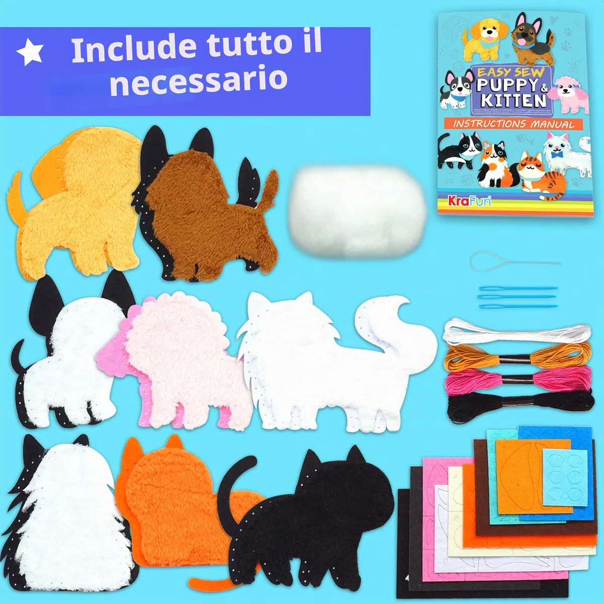 KRAFUN Kit da Cucito Cuccioli e Gattini per Bambini 5+ Anni, 8 Progetti Fai da Te (Cani, Gatti), Feltro, Istruzioni, Scatola Riutilizzabile, Giocattolo Educativo