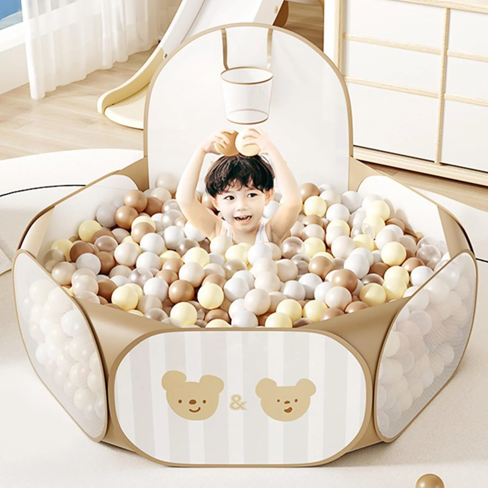 Piscina Di Palline Per Bambini Pieghevole, 80x108cm Recinto Con Palline Per Bambini, Con Cerchio Da Basket, Borsa Portaoggetti, parcos Giochi Bambinis, Per Interni/Esterni, Pallines Non Incluse