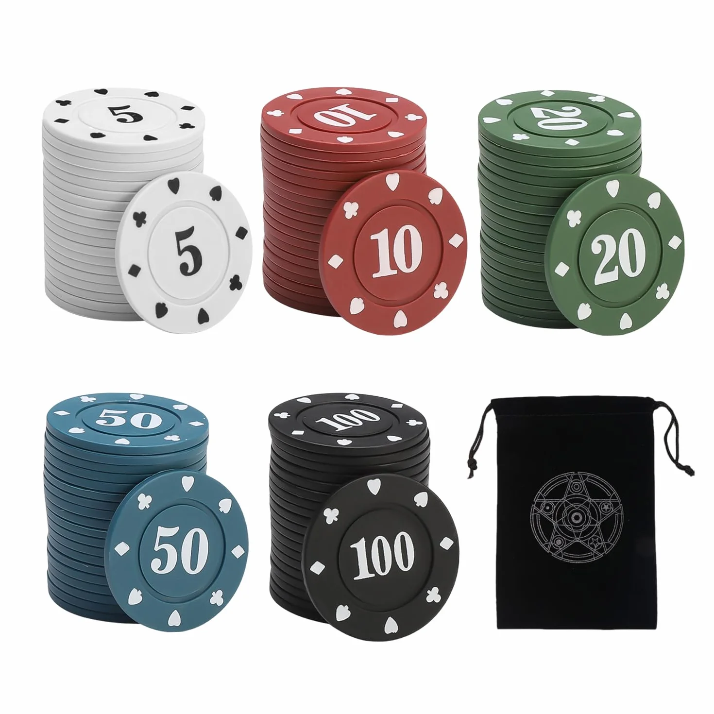 100 fiches da poker con 5 colori e borsa portaoggetti