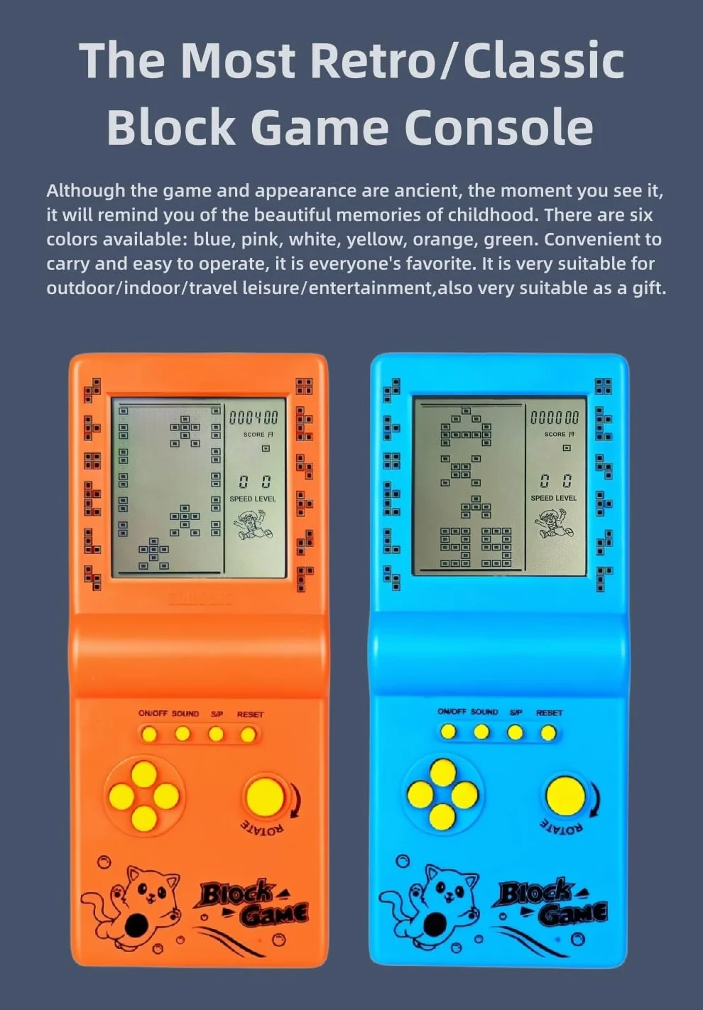 Retrò Blocca la console di gioco Giochi multipli Livello/velocità regolabile Consolle portatile Gioco di mattoni Gioco di puzzle Giocattoli elettronici Bambini/amici/regali di festa (Blue)
