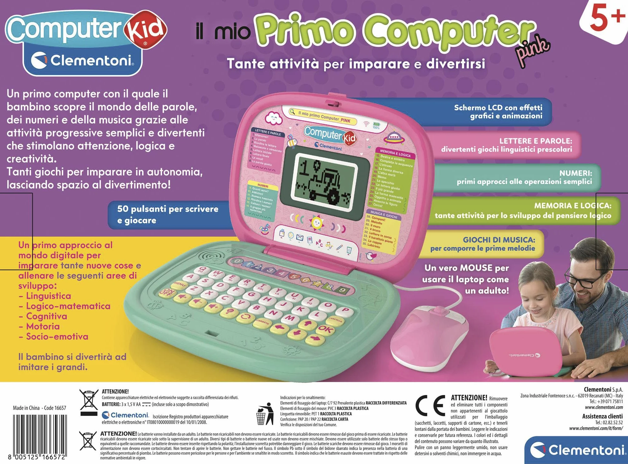 Clementoni Sapientino - Il Mio Primo Computer Pink, Gioco Educativo Interattivo Bambini dai 5 Anni, 35 Attività, Impara Lettere, Numeri, Logica, Musica, con Mouse e Schermo LCD, Lingua Italiana, 16657