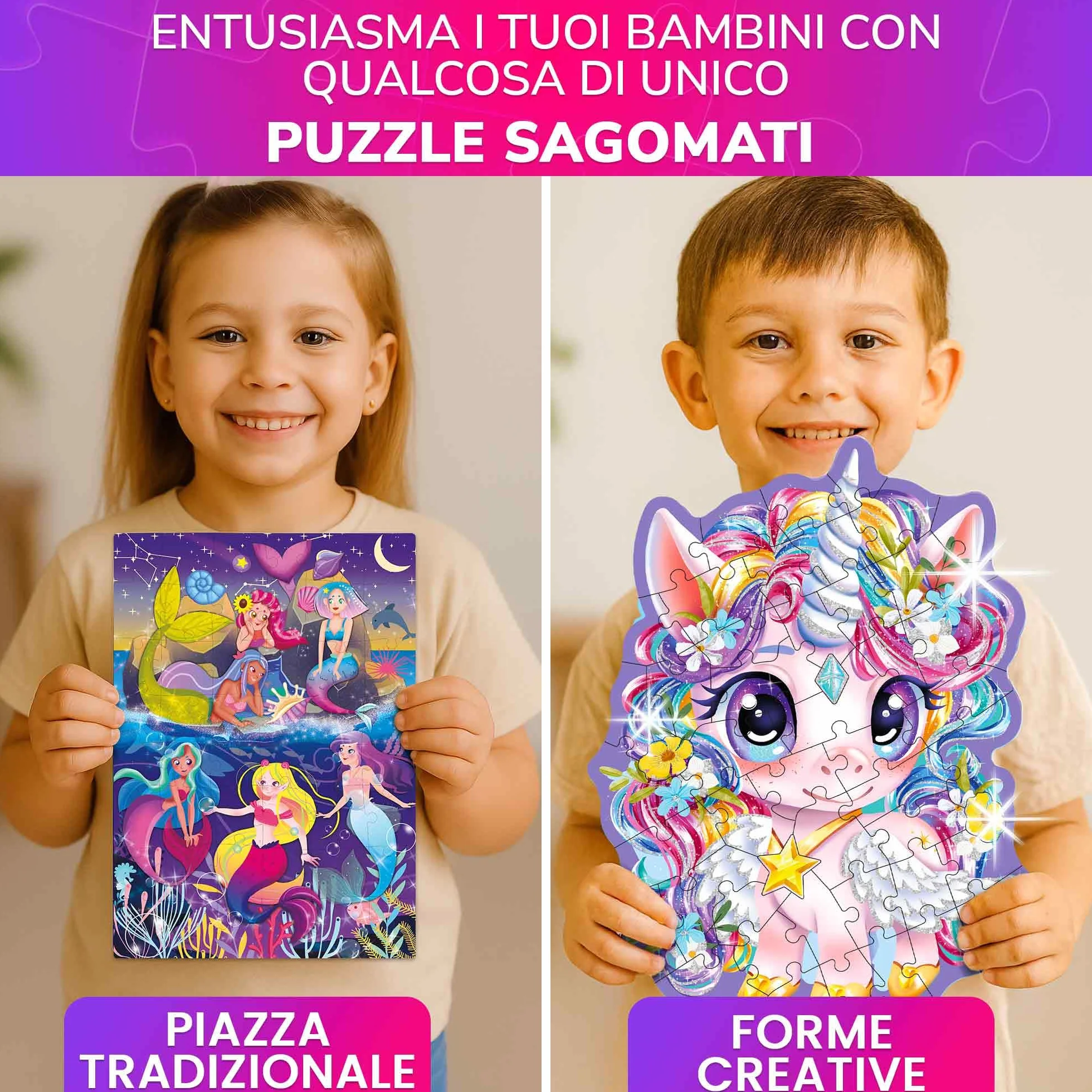 QUOKKA Shimmer Puzzle per Bambini Dai 4 ai 6 Anni - Puzzle a Forma di 48 pezzi - Confezione da 4: Principessa, Sirena, Farfalla e Unicorno - Giocattolo Bambini