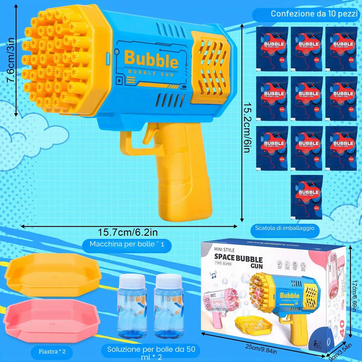 Pistola a Bolle per Bambini, Macchina per Bolle Elettrica Automatica per Bambini con 2 Pezzi Soluzione Bolla, 10000 + Bolle/Min, Luce LED, Estate per Festa, Spiaggia, Compleanno, Matrimoni