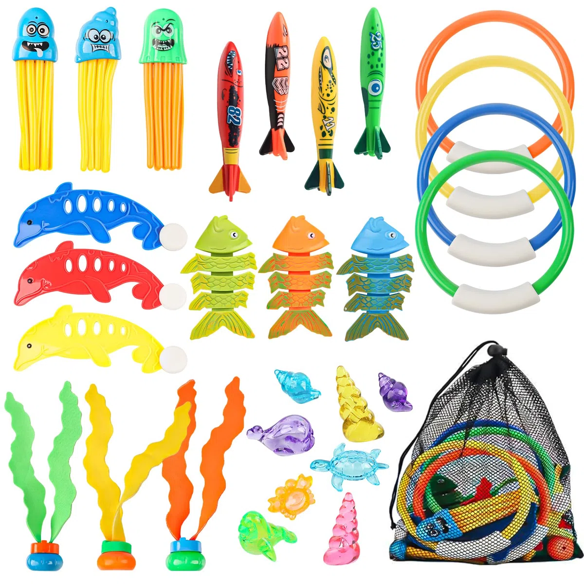 Giocattolo Subacqueo Per Bambini, Set Di Giocattoli Da Piscina Con Meduse, Delfini, Anelli, Gioielli Marini, Lisce Di Pesce, Siluri E Sacchetto A Rete, Regalo Estivo (Set Regalo A)