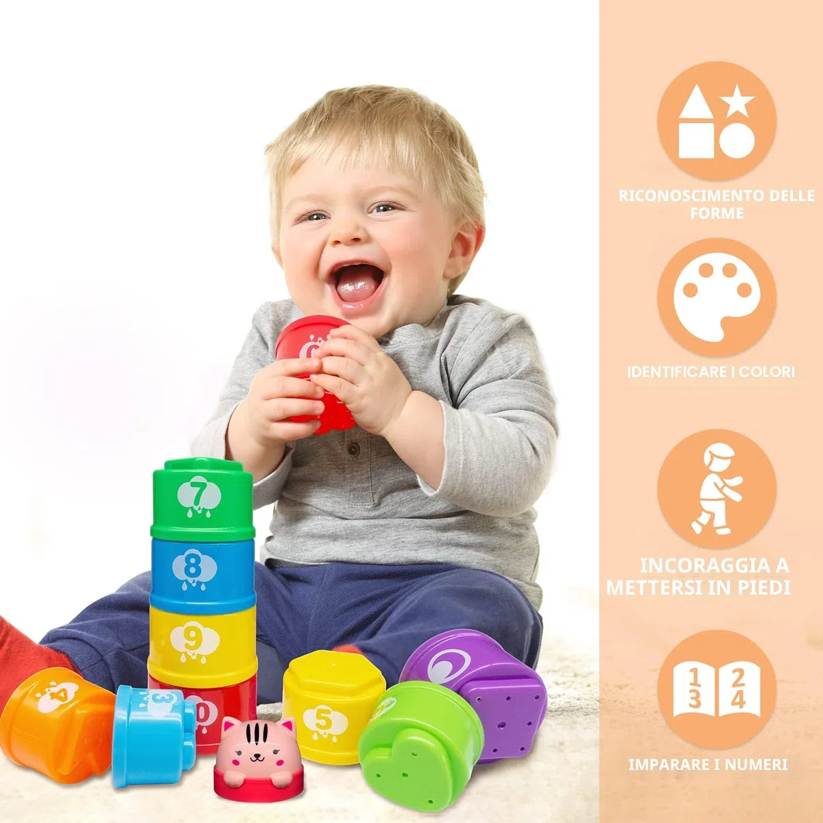 MOONTOY Giochi Impilabili per Bambino 1 anno, con Lettere e Numeri da Impilare,Blocchi Colorati per Insegnare Forme e Colori,Regalo per Compleanno e Natale per 1 2 Anni