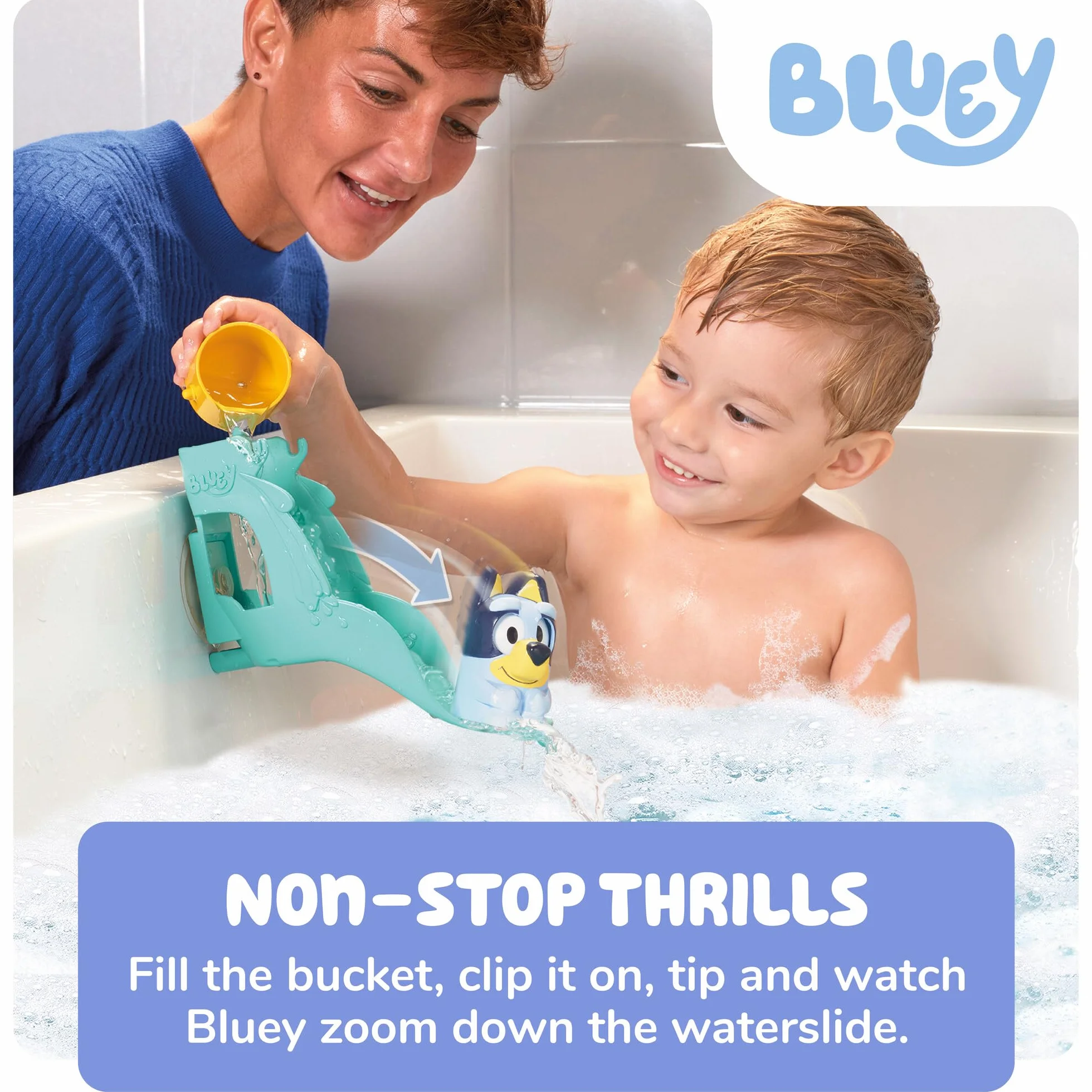 Toomies Blueys - Scivolo d'acqua, giocattolo da bagno per bambini, divertimento acquatico con giranti, promuove le capacità motorie fini, con ventose, a partire dai 18 mesi in su