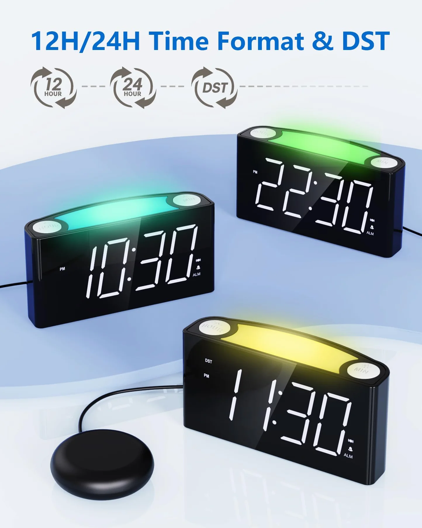 Sveglia con vibrazione per dormiglioni e persone con problemi di udito, tipo caricatore C, 12/24 H, sveglia ad alto volume con 7 luci notturne, grande display LED, dimmer, snooze, batteria di backup
