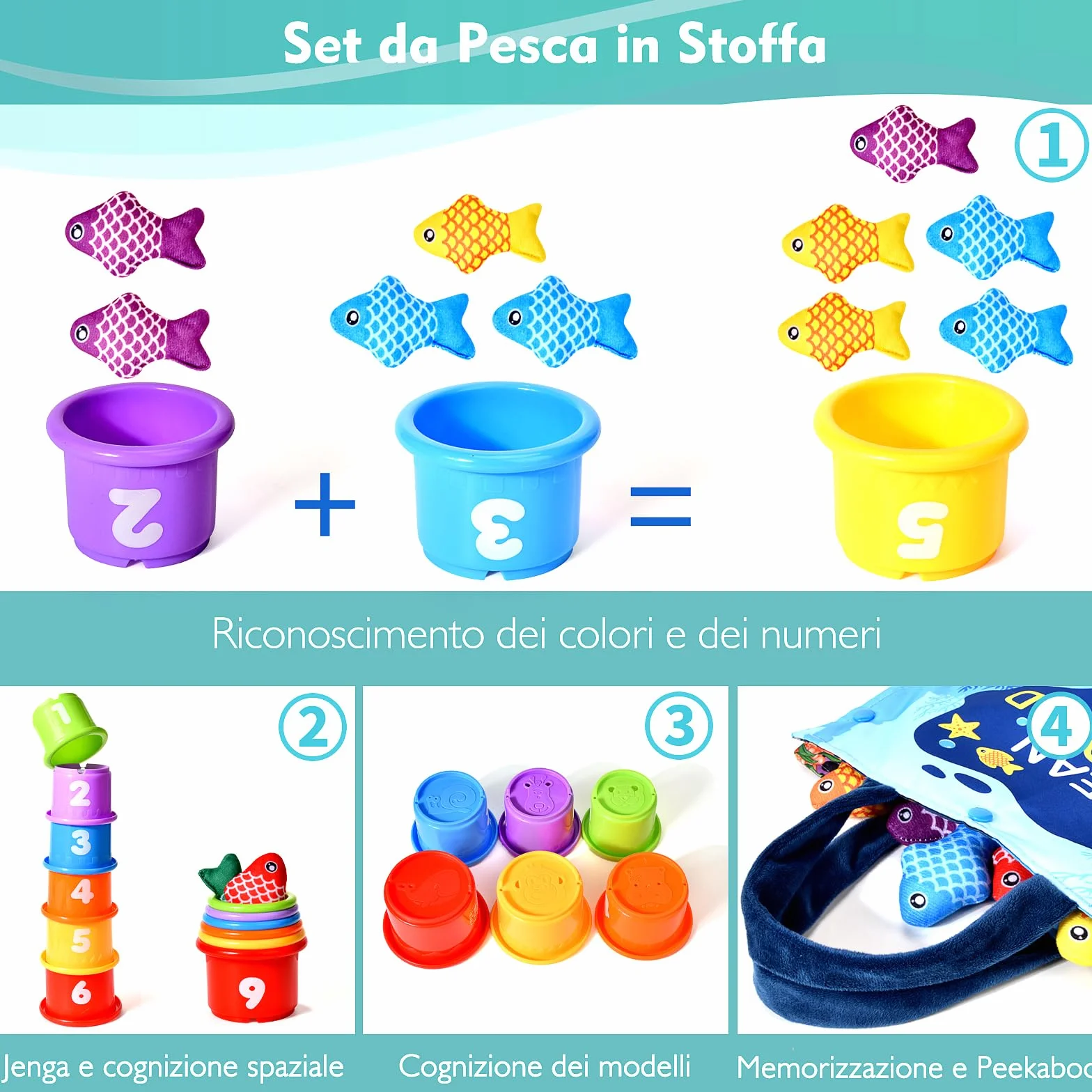 Giochi Bambini 1 Anno 2 Anni, 20PCS Montessori Gioco Pesca Morbidi, Regalo Bambino 6 12 18 Mesi, Interattivi Educativo Giocattoli Bambino