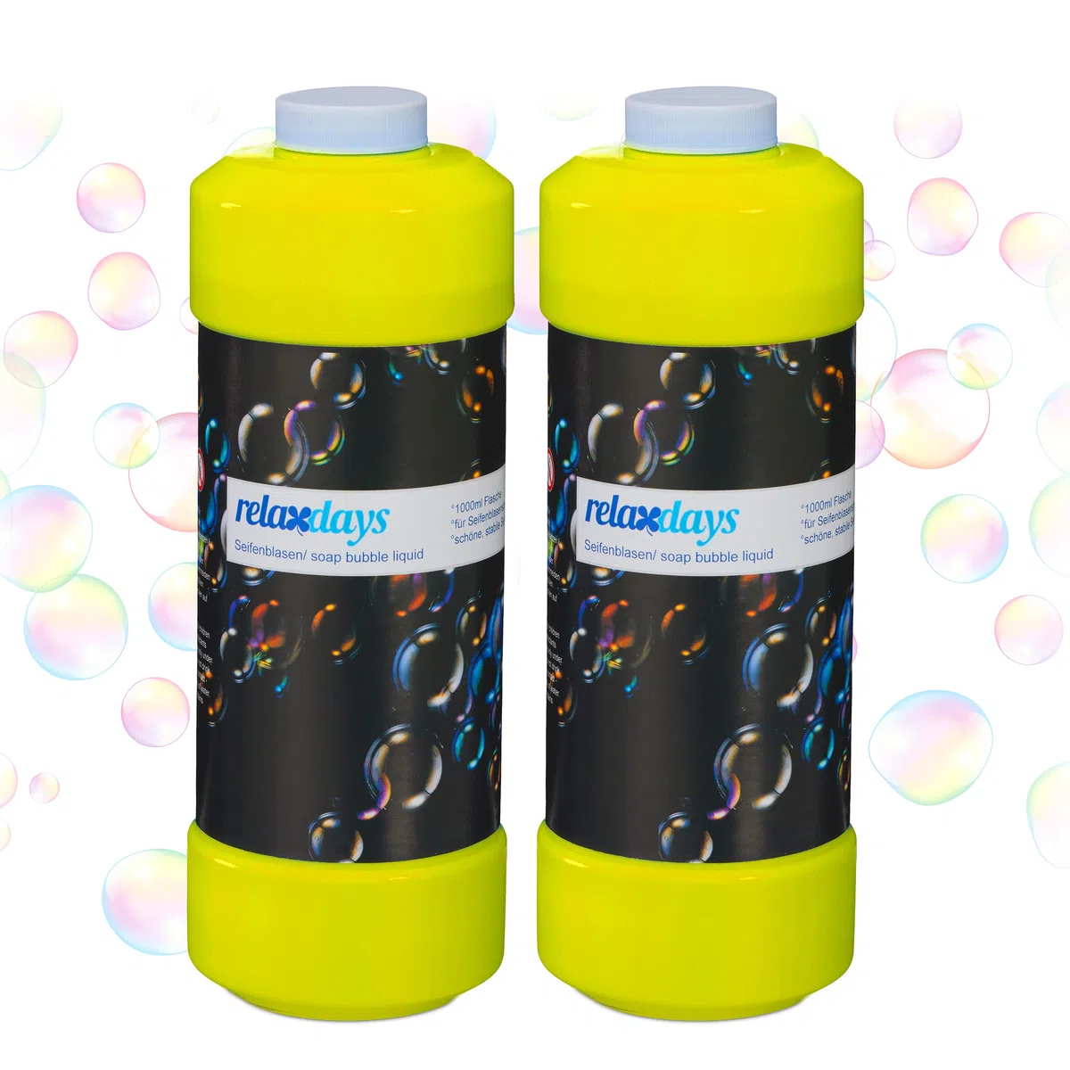 Relaxdays Flaconcino per Liquido per Bolle di Sapone, Set da 2 Flaconi da 1 L, Riempire per Macchine Sparabolle, Giallo
