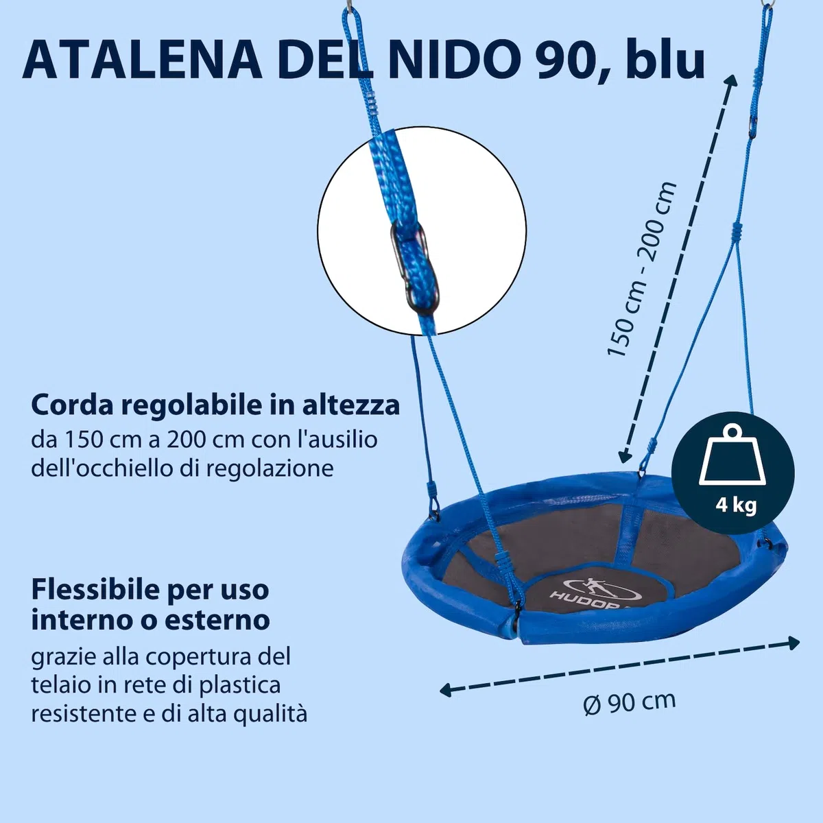 HUDORA Altalena a nido 90 - altalena nido in plastica blu per carico fino a 100kg - altalena con diametro di 90cm per interni ed esterni - Altalena familiare regolabile per bambini e adulti