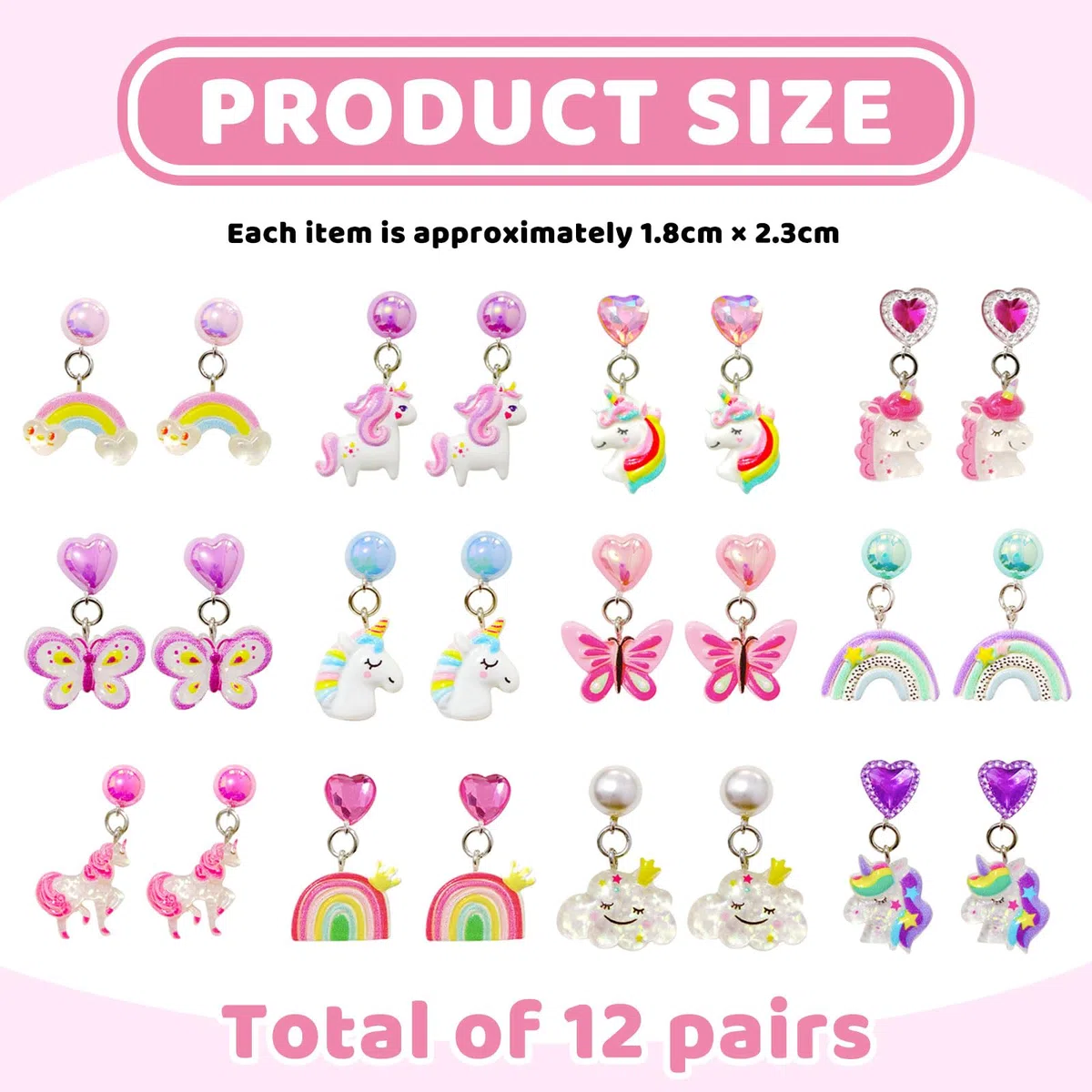 12 Paia di Orecchini a Clip per Ragazze, Set di Orecchini Senza Piercing con Cuscinetti per Orecchie, Dolce Design di Farfalle, Coniglietti e arcobaleni, gioiell
