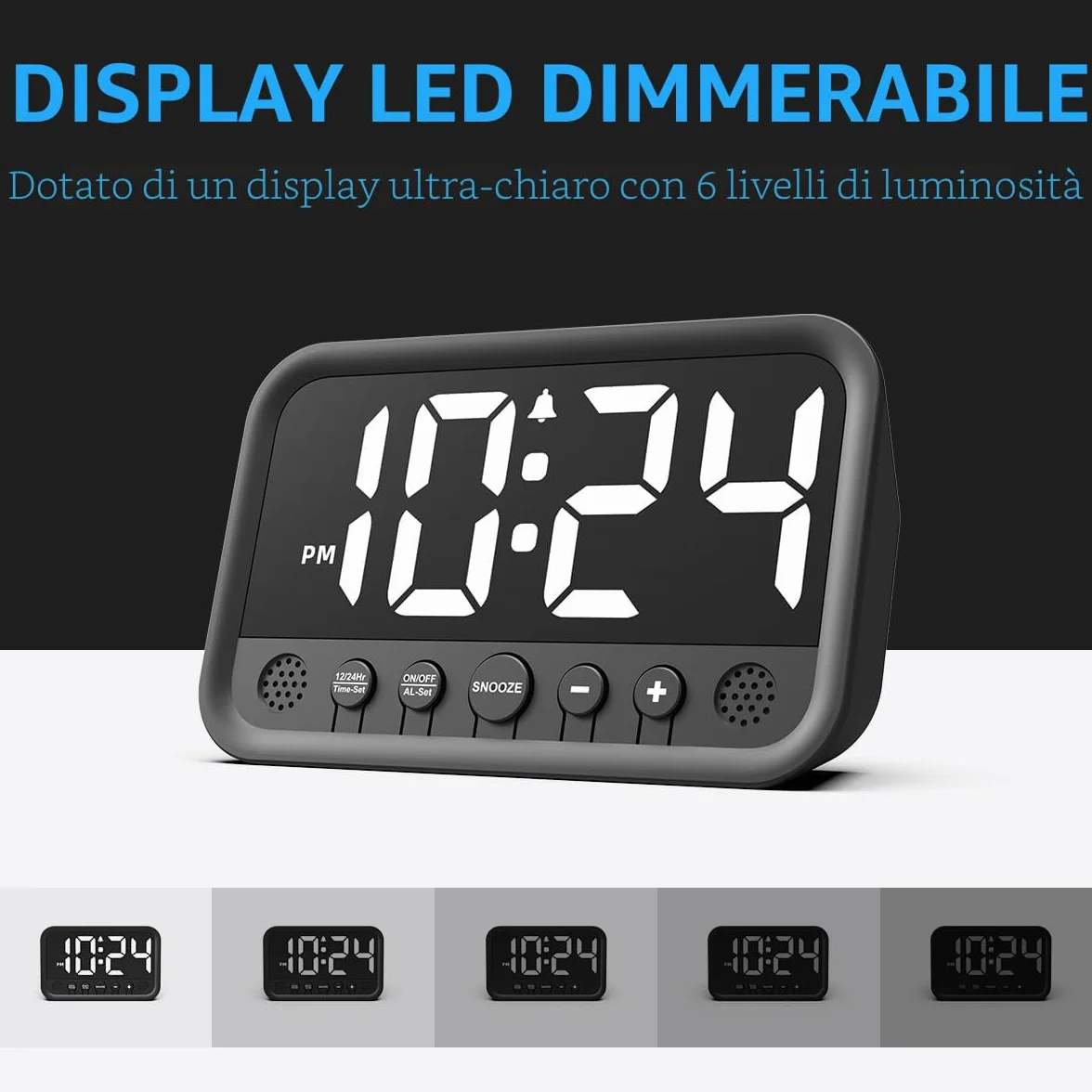 Sveglia digitale con numeri grandi, sveglia digitale con display LED, luminosità e volume regolabili, Snooze, 12/24HR